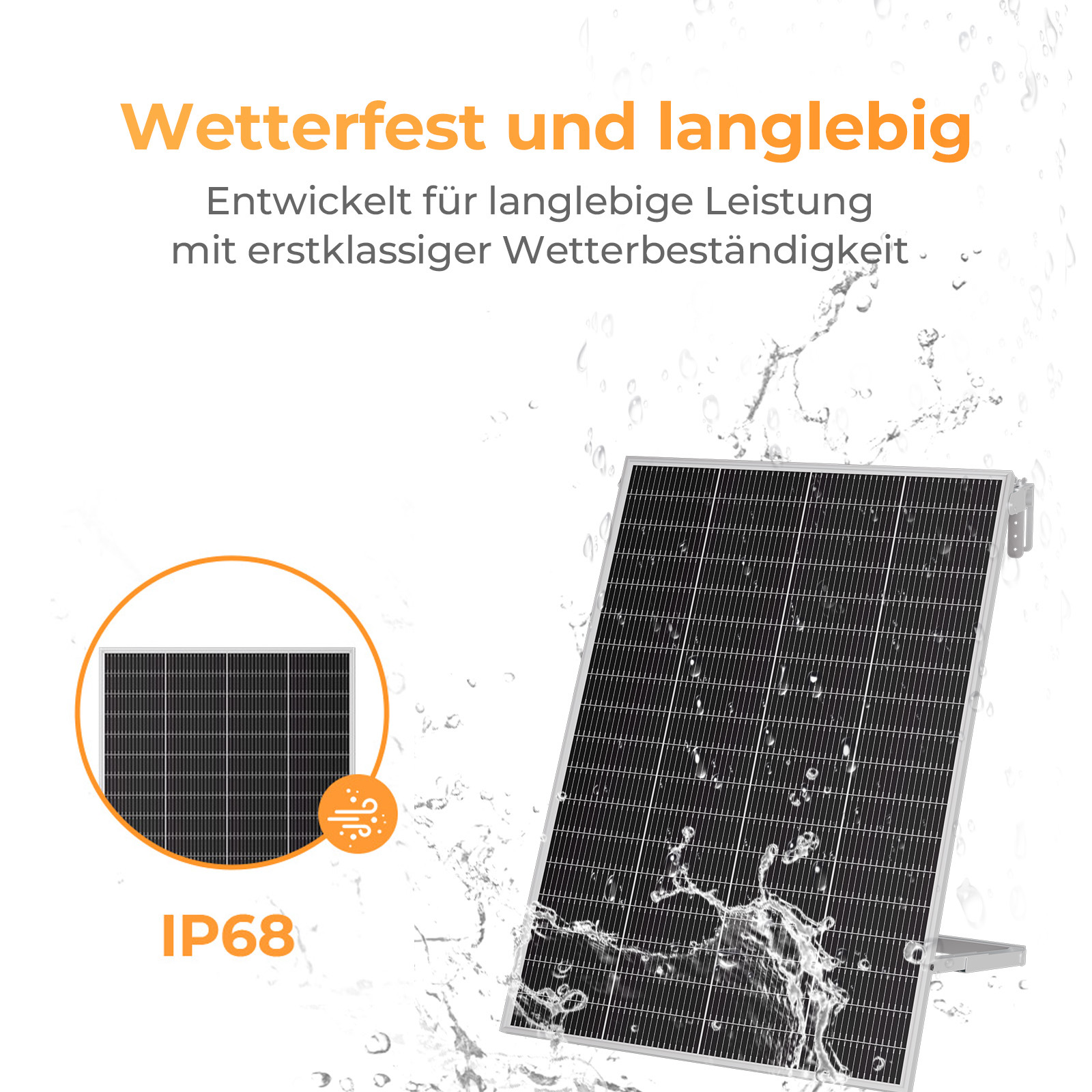 Solarpanel mit Wassertropfen, "Wetterfest" und "IP68" sind auf dem Bild.