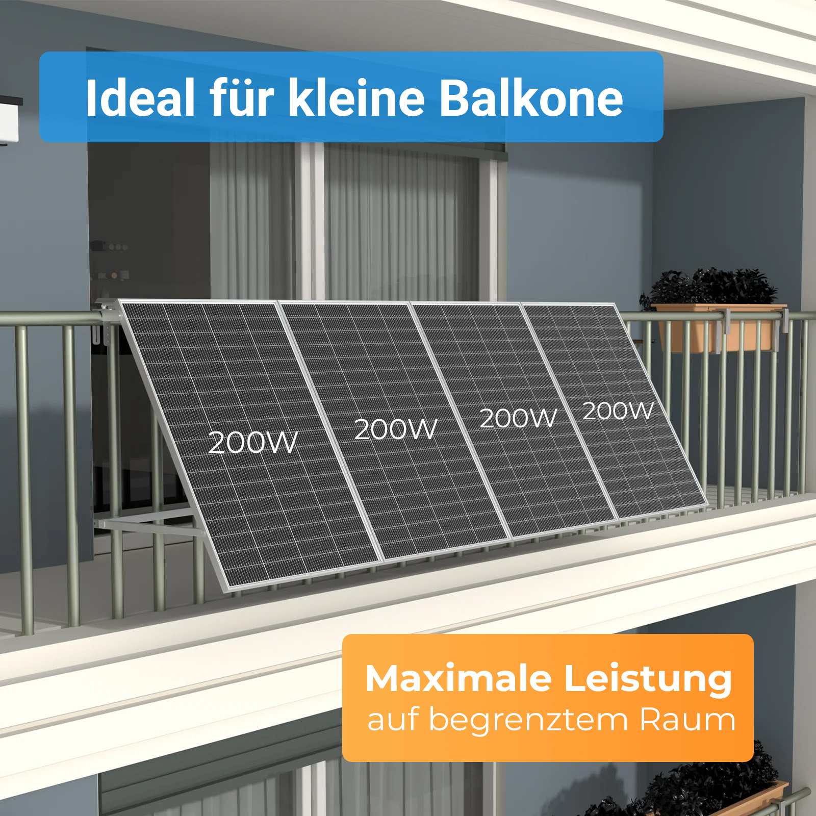 Vier Solarmodule auf einem Balkon, beschriftet mit 200W.