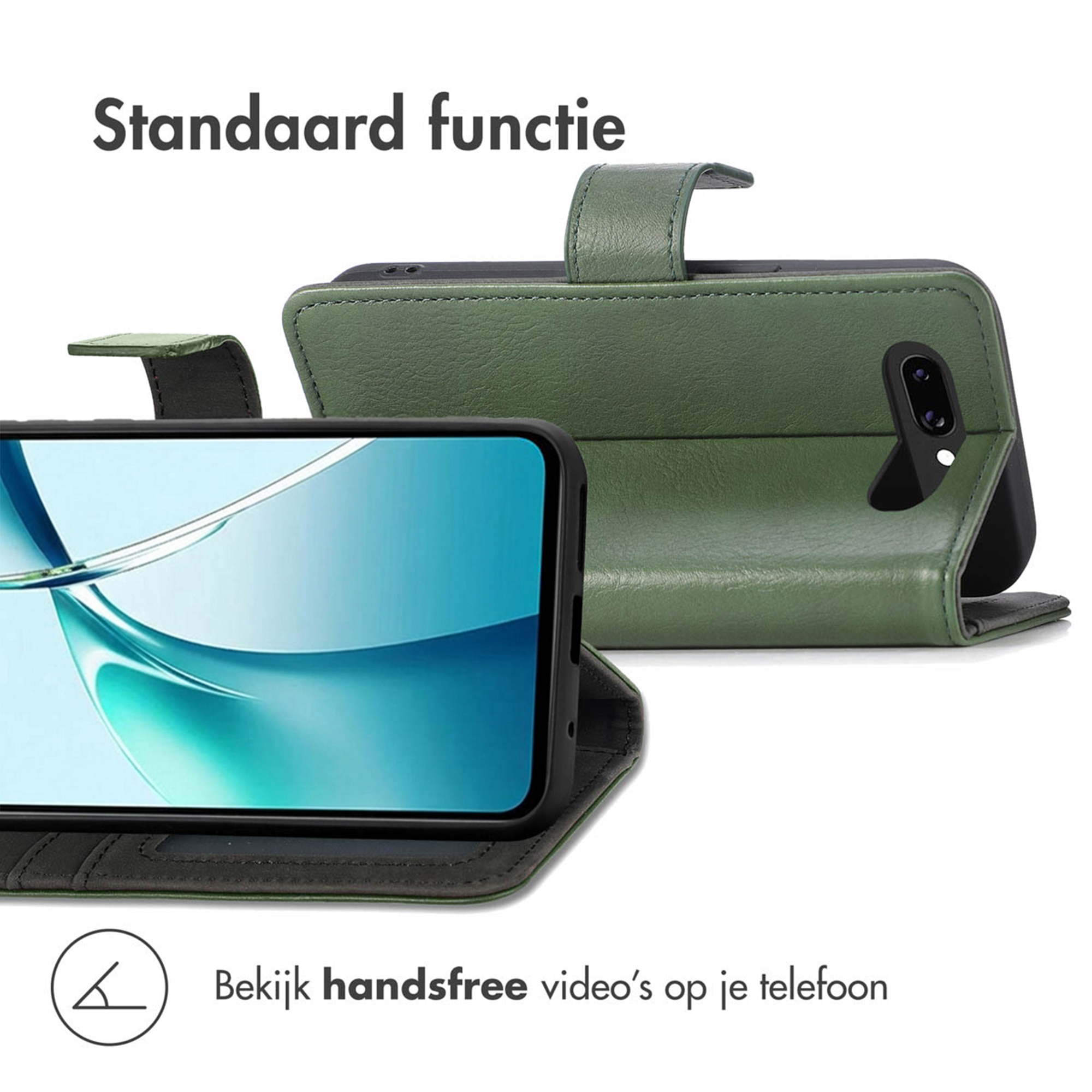 Groene telefoonhoes in liggende modus met standaardfunctie. Telefoon met blauw scherm.