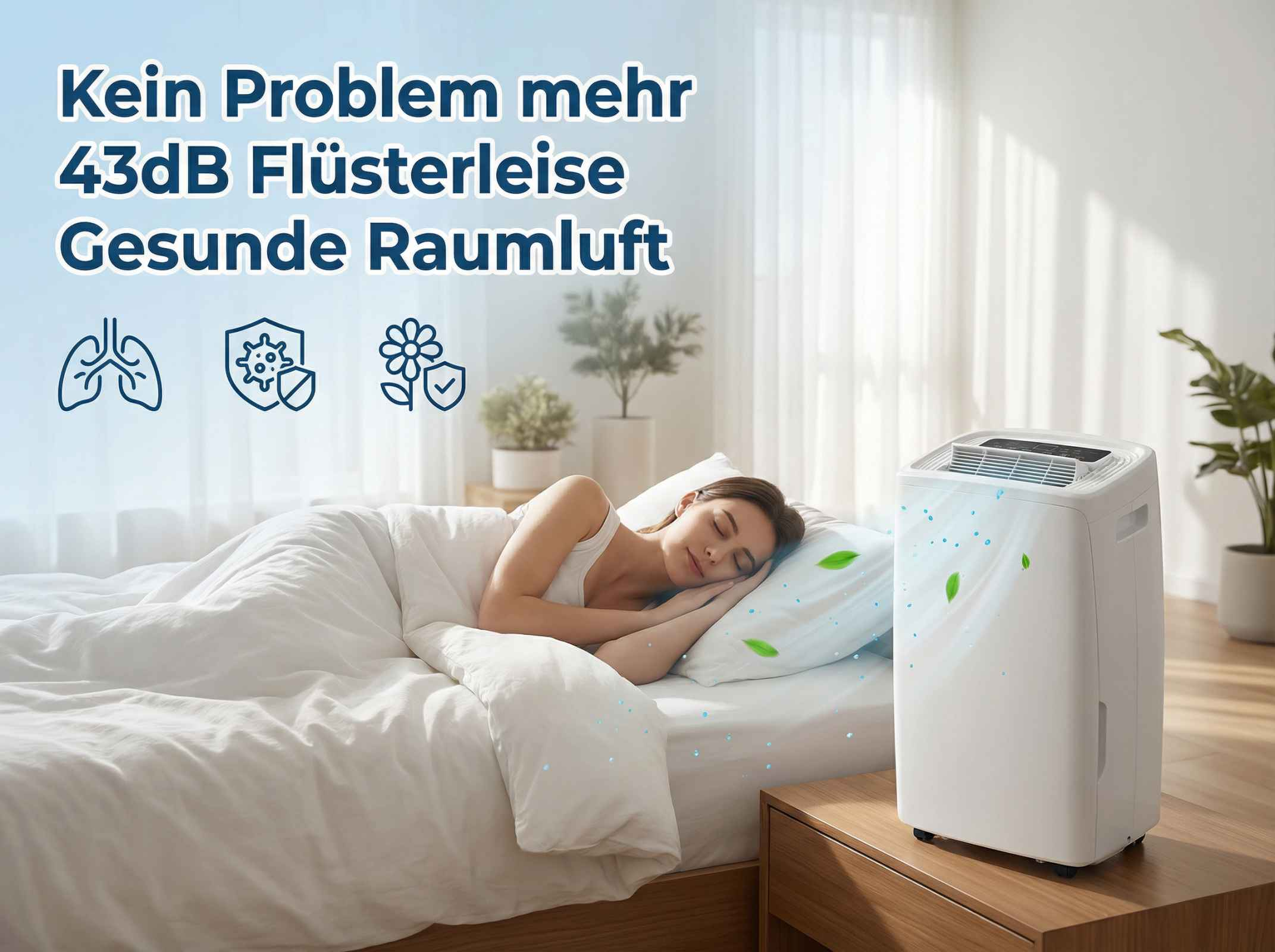 Eine Frau schläft friedlich in einem Bett, neben einem Luftentfeuchter.