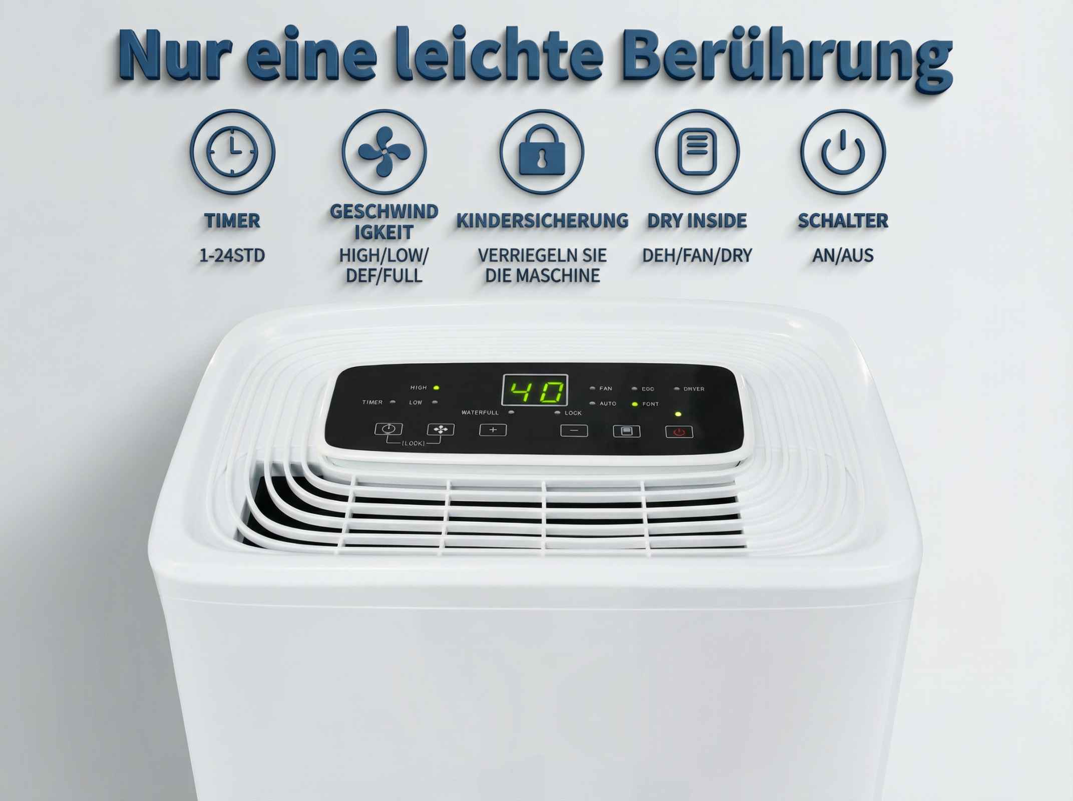 Ein weißer Luftentfeuchter mit Bedienfeld und Symbolen für Timer, Lüfter, Kindersicherung, Trockenheit und Schalter.