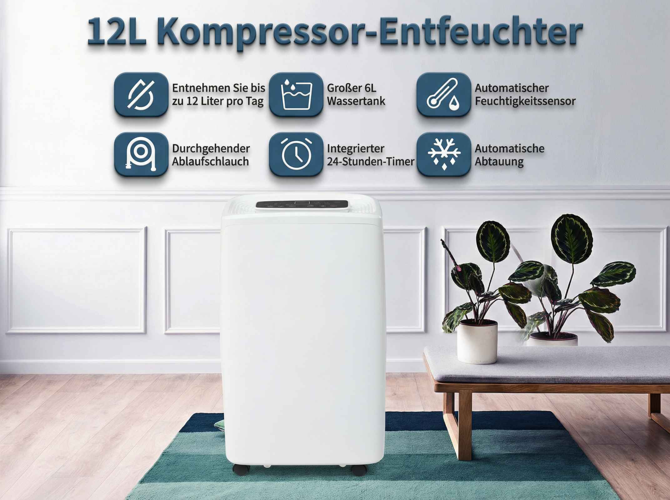 Ein weißer Luftentfeuchter mit Funktionen wie 12L/Tag Kapazität, 6L Tank.