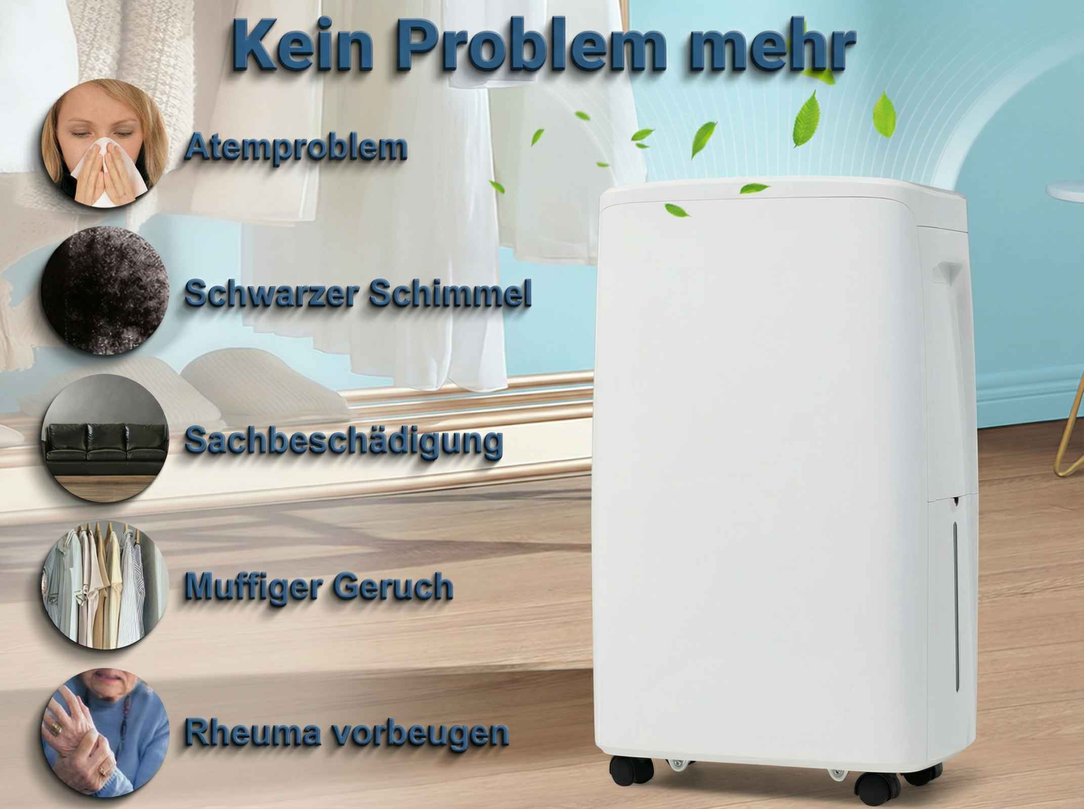 Ein weißer Luftentfeuchter steht neben Kleidung und Bildern von Problemen.