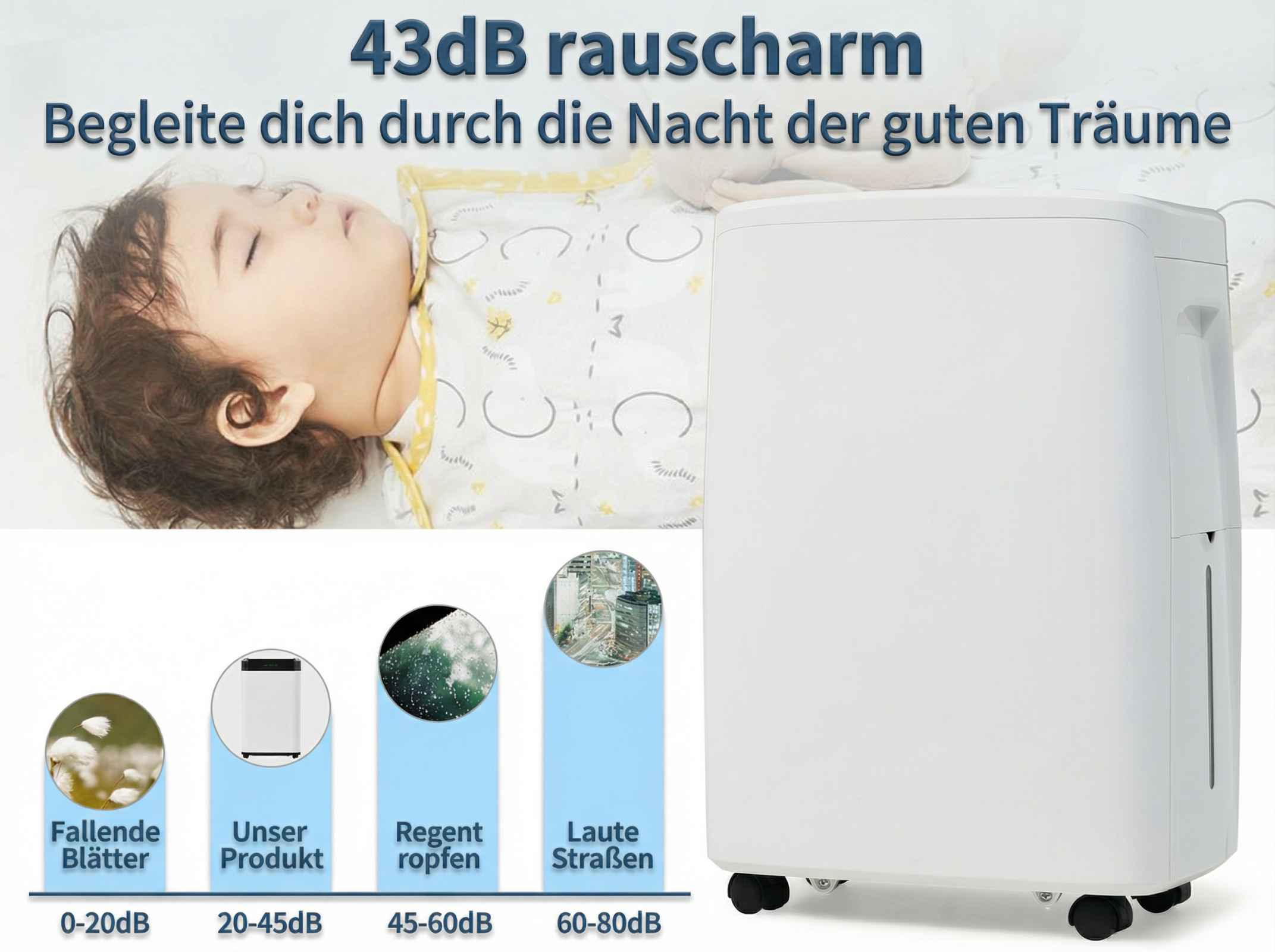 Ein schlafendes Kind neben einem weißen Luftreiniger mit Lärmpegel-Vergleich.