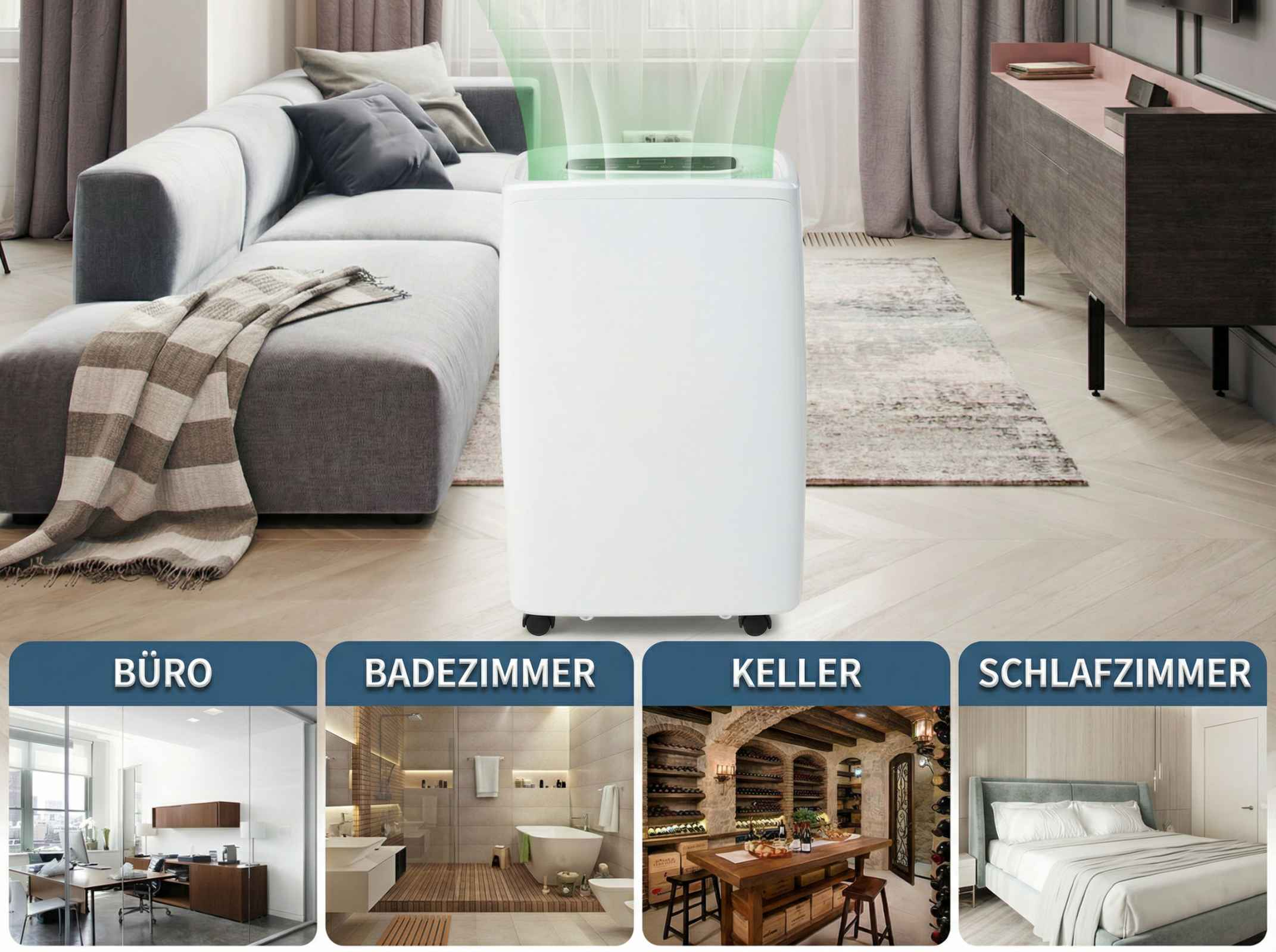 Ein weißer Luftreiniger steht im Wohnzimmer neben einem Sofa. Vier Bilder zeigen Einsatzorte: Büro, Bad, Keller, Schlafzimmer.