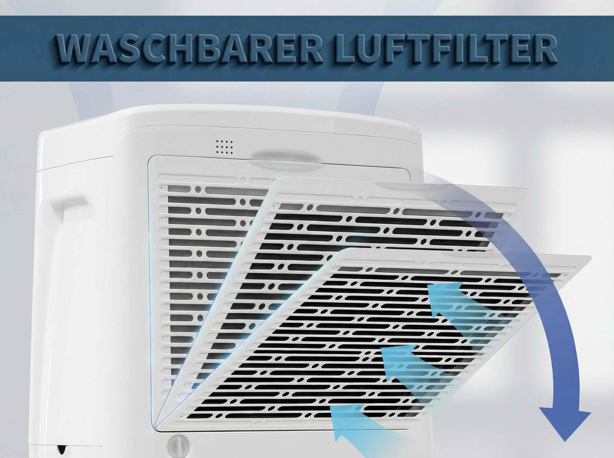 Ein weißer Luftreiniger mit ausziehbaren Filtern. Blaue Pfeile zeigen Luftstrom.