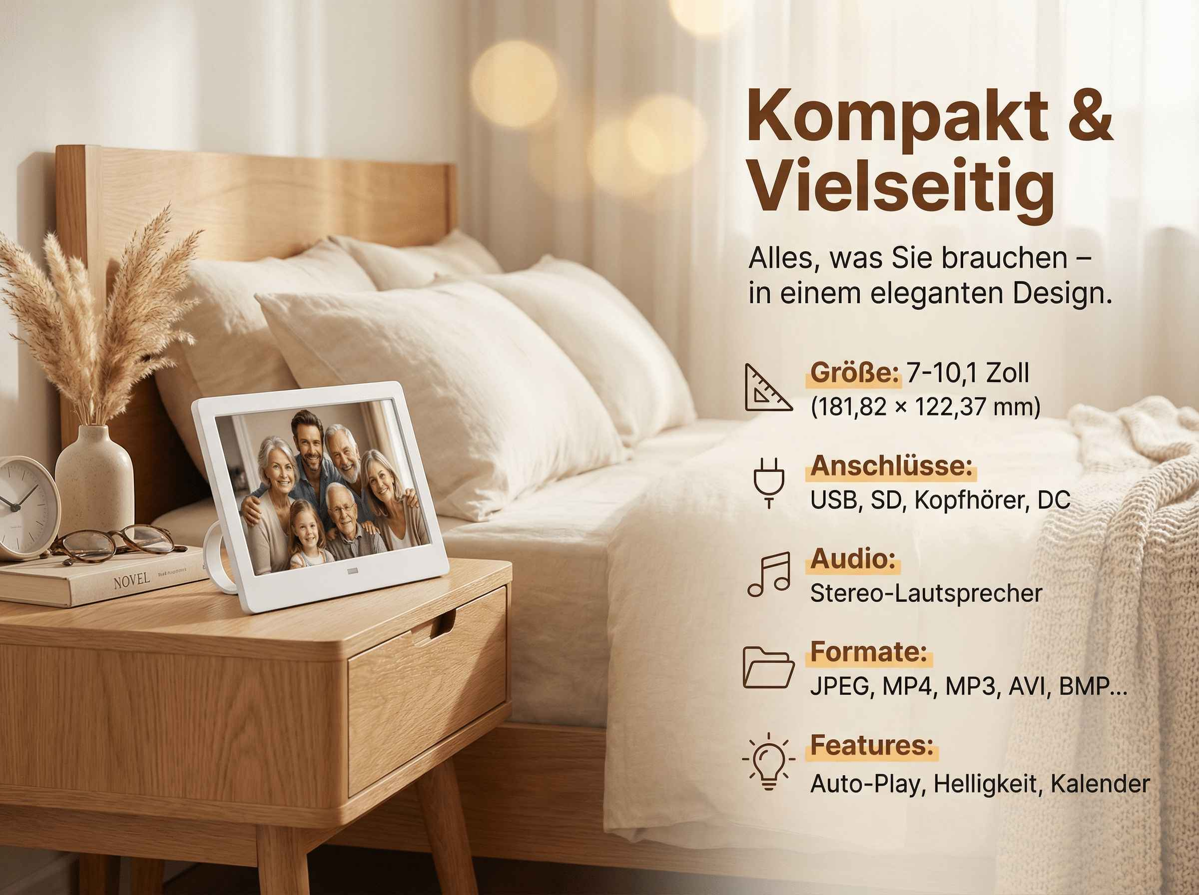 Ein digitaler Bilderrahmen zeigt eine Familie auf einem Nachttisch neben einem Bett.
