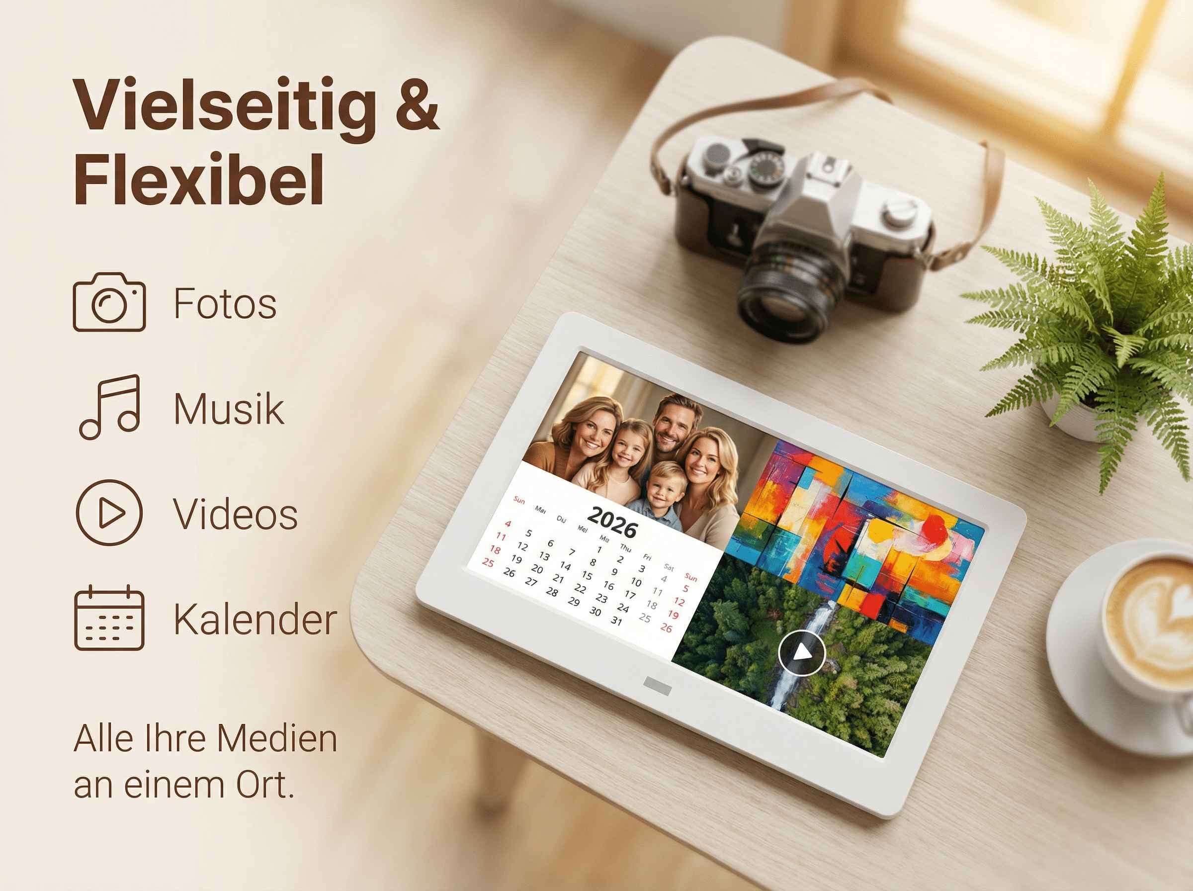 Tablet zeigt Familie, Kalender 2026, Kunst und Natur. Kamera und Kaffee liegen daneben.