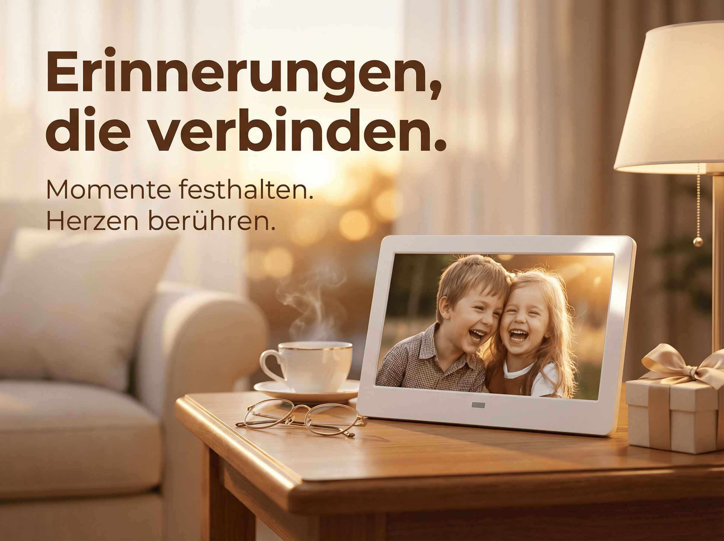Ein Digitalfotorahmen zeigt lachende Kinder neben einer Kaffeetasse und einem Geschenk.