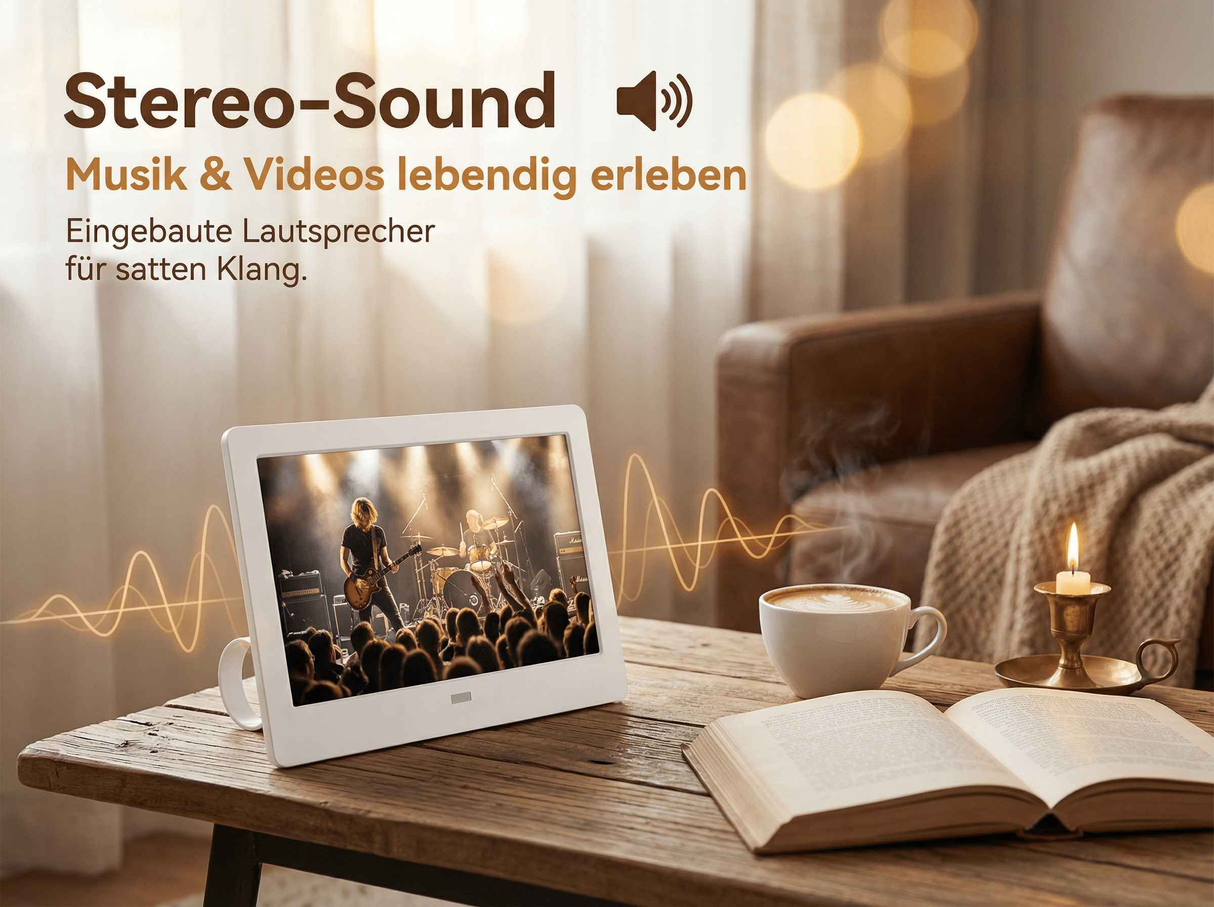 Digitaler Bilderrahmen zeigt Rockband, daneben Kaffee und Kerze.