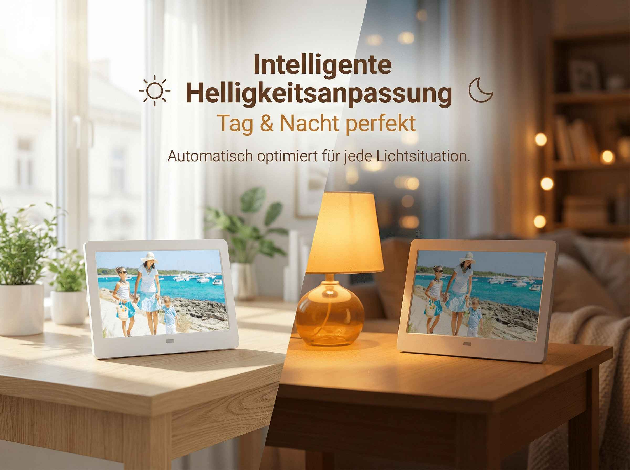 Zwei digitale Bilderrahmen zeigen eine Familie am Meer. Ein Tisch mit Lampe.