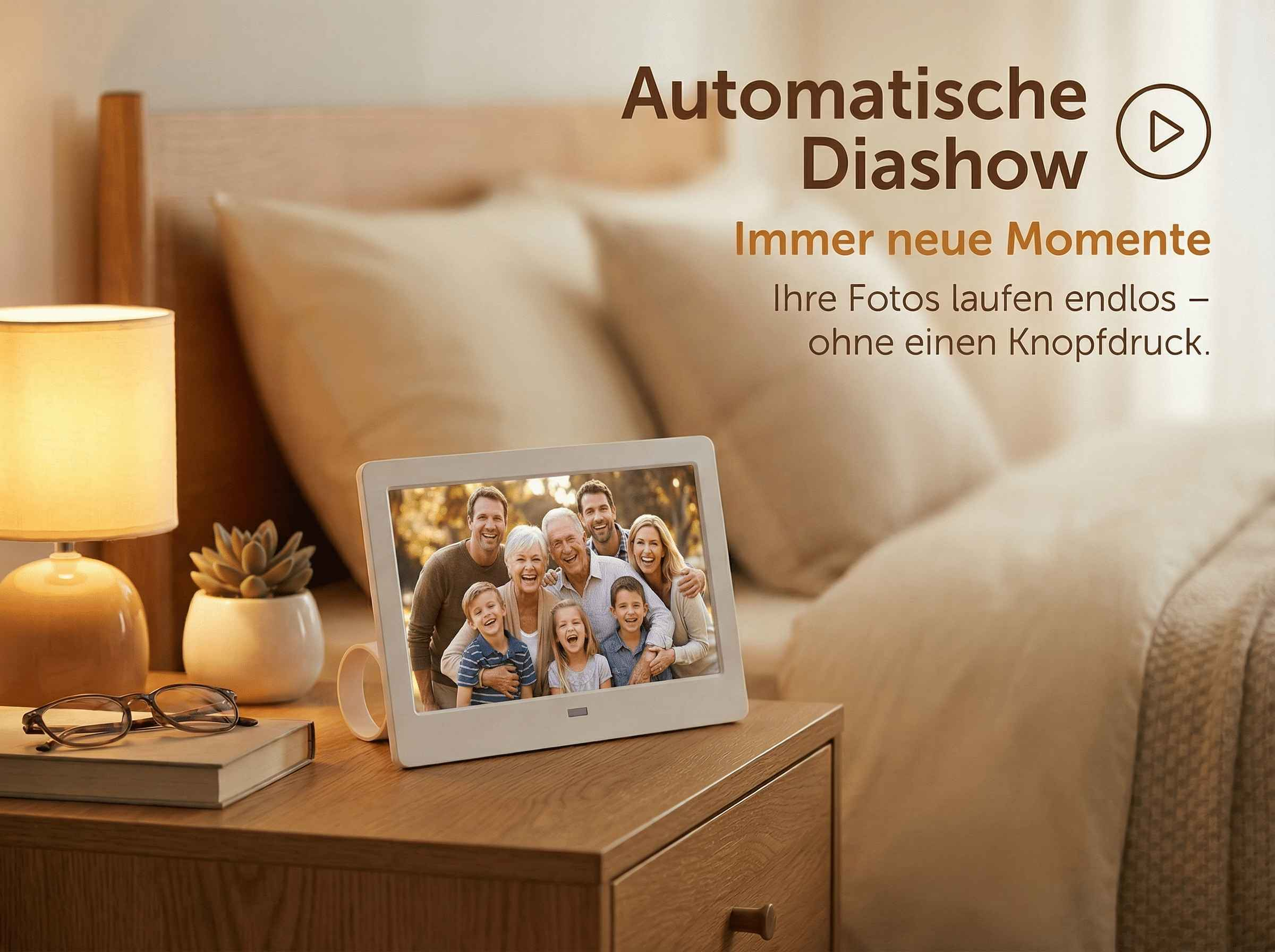 Digitaler Bilderrahmen mit lächelnder Familie auf dem Nachttisch neben einer Lampe.