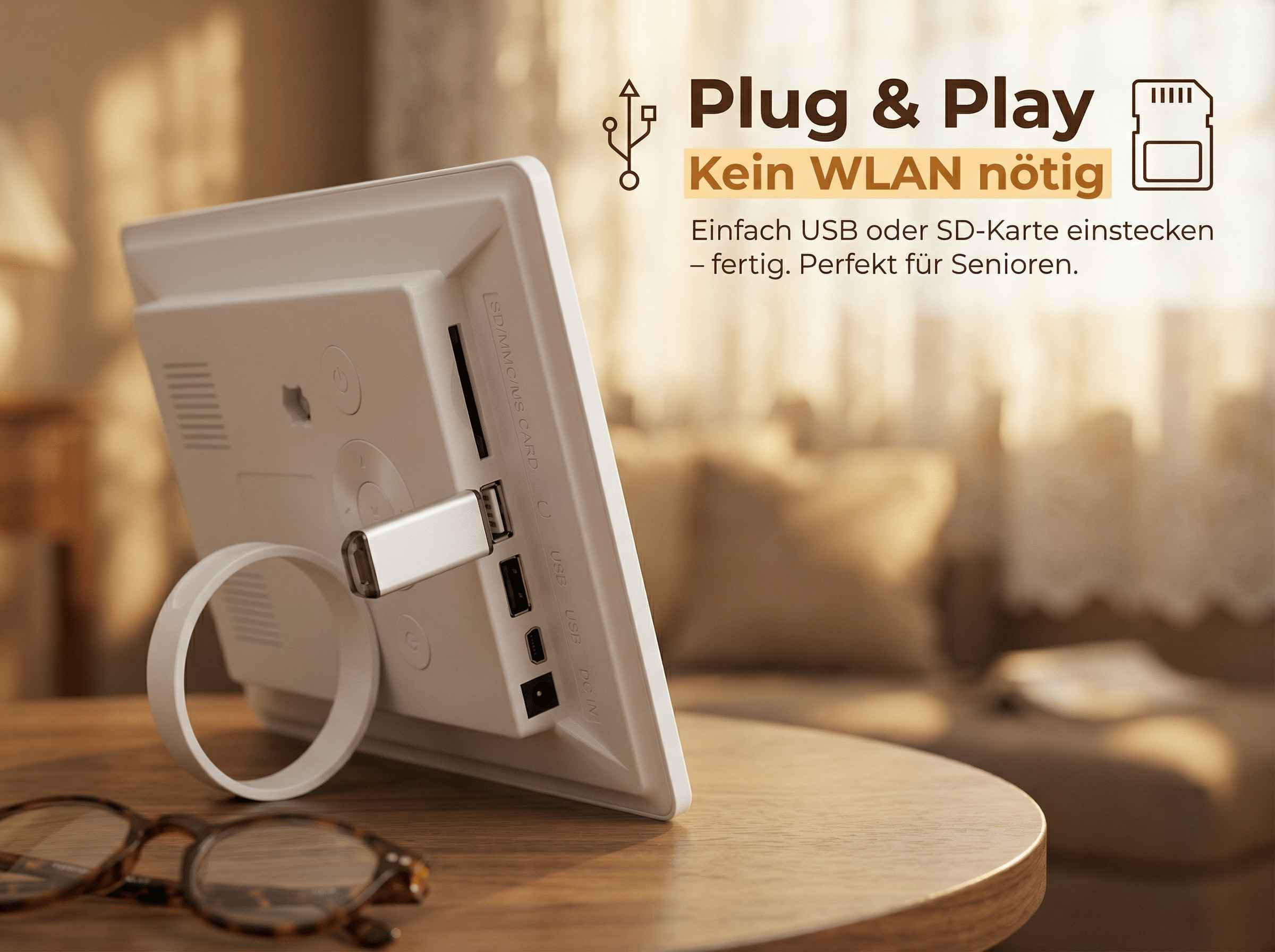 Rückseite eines digitalen Bilderrahmens mit USB-Stick und SD-Kartenleser.