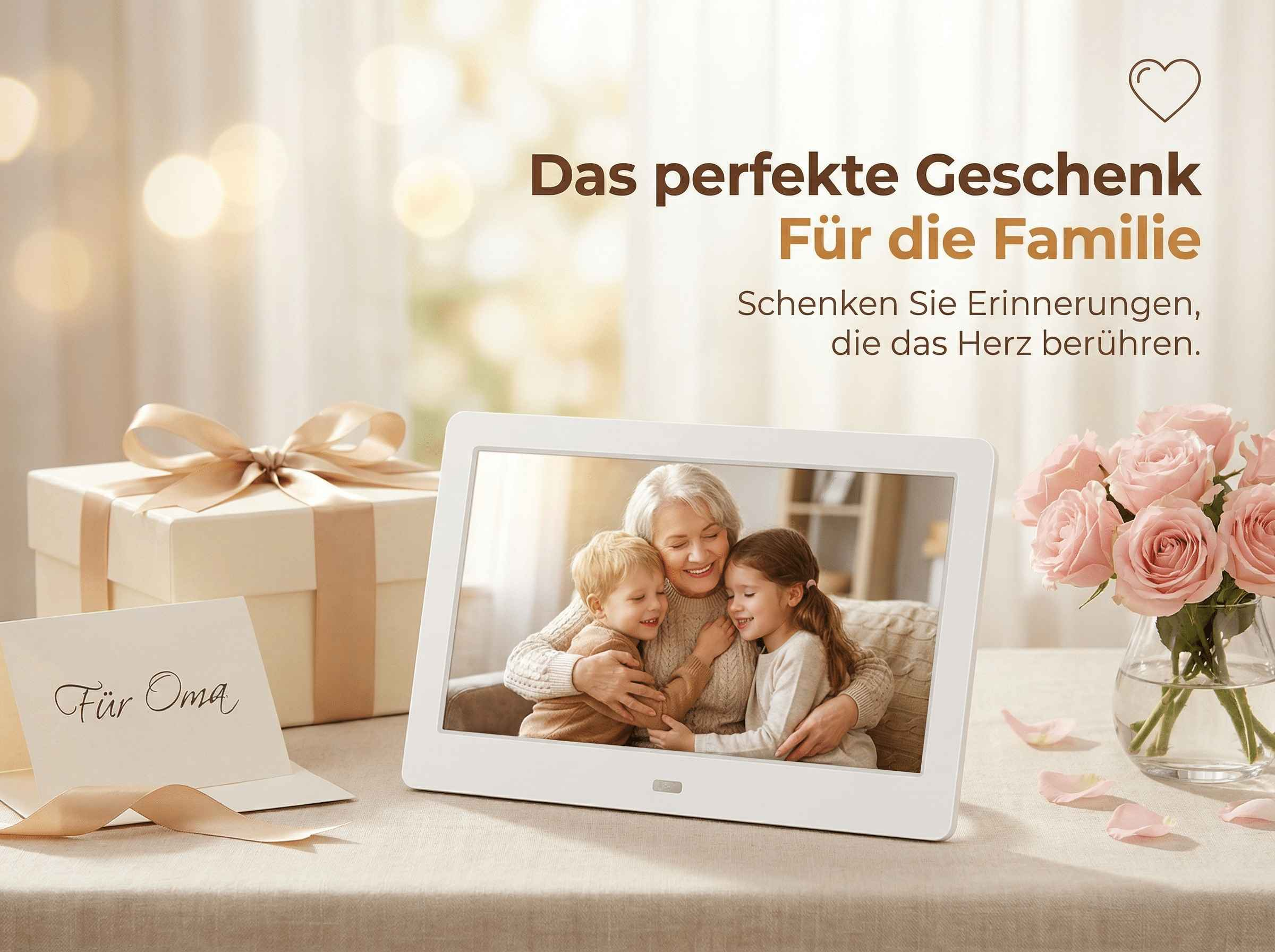 Ein digitales Fotorahmen mit Oma und Kindern, Geschenkbox und Rosen.
