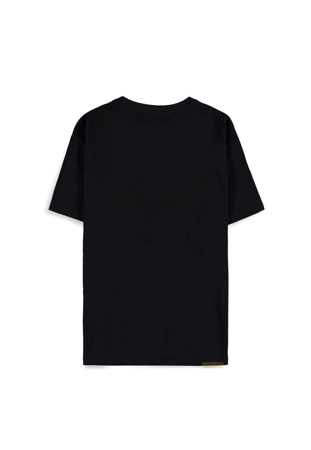 Rückseite eines schwarzen T-Shirts auf weißem Hintergrund.