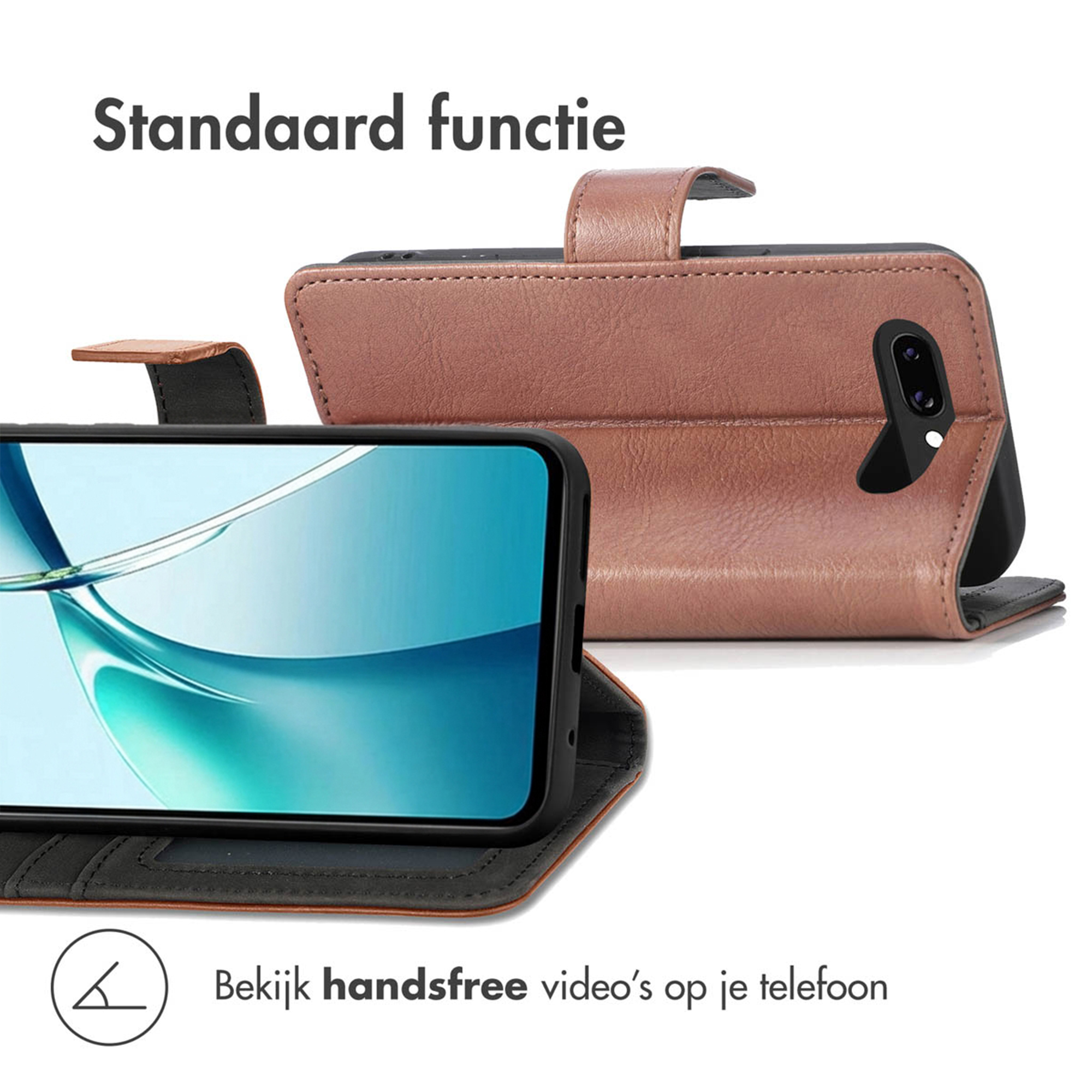 Bruine lederen telefoonhoes met open scherm en tekst.