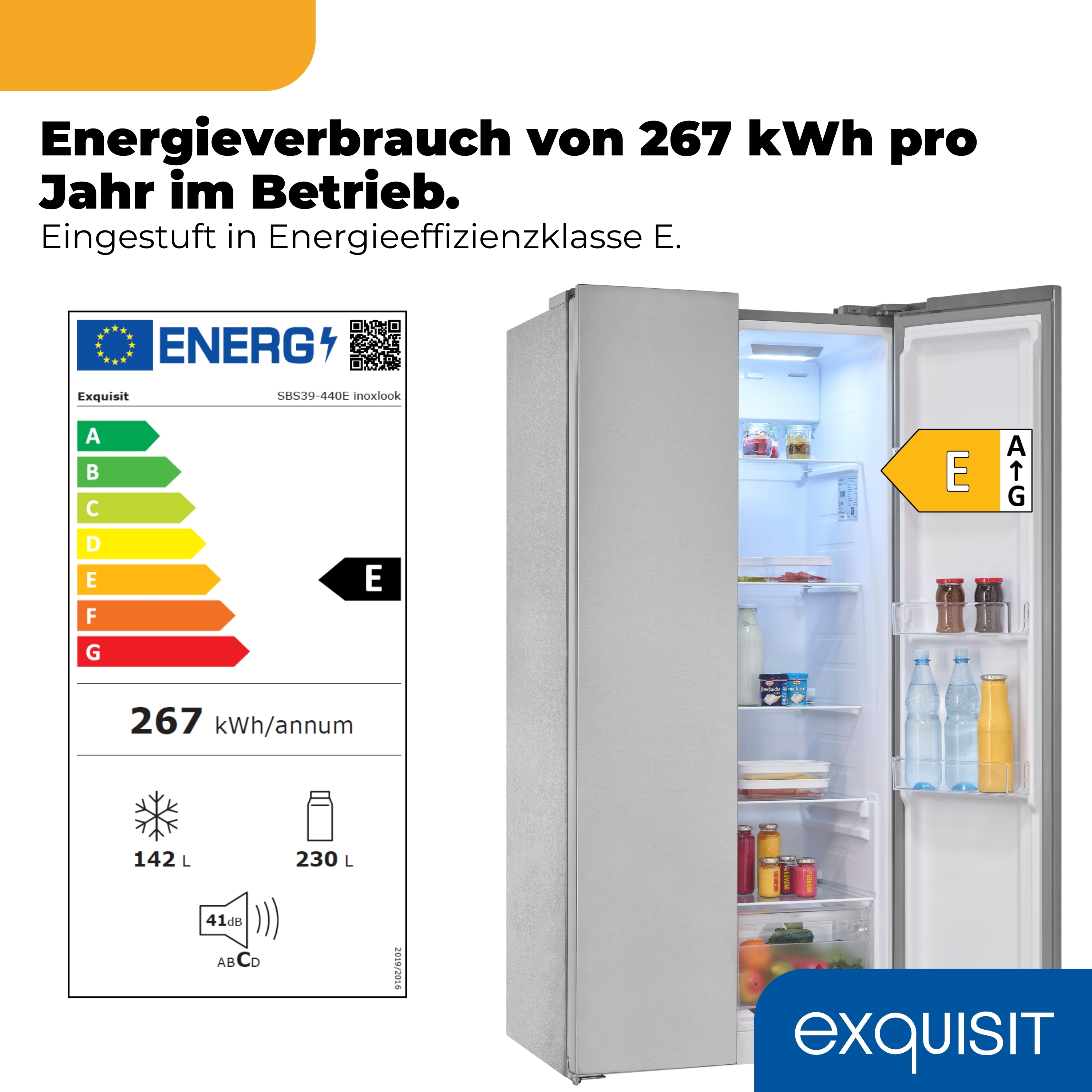 Kühlschrank mit Energieeffizienzklasse E, 267 kWh/Jahr, 142 L Gefrierfach, 230 L Kühlfach.