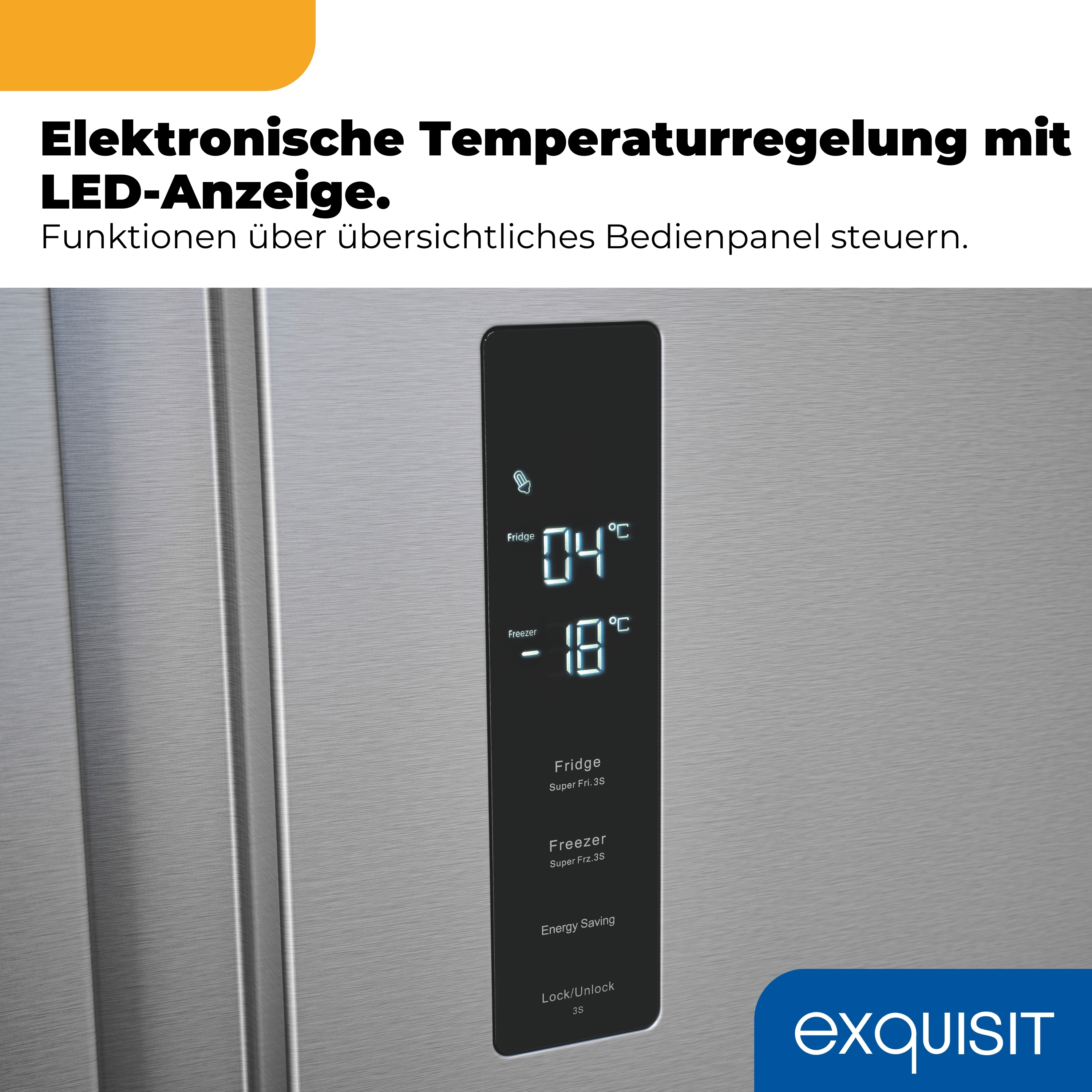 Edelstahlkühlschrank mit LED-Display. Zeigt 4°C für Kühlfach und -18°C für Gefrierfach.