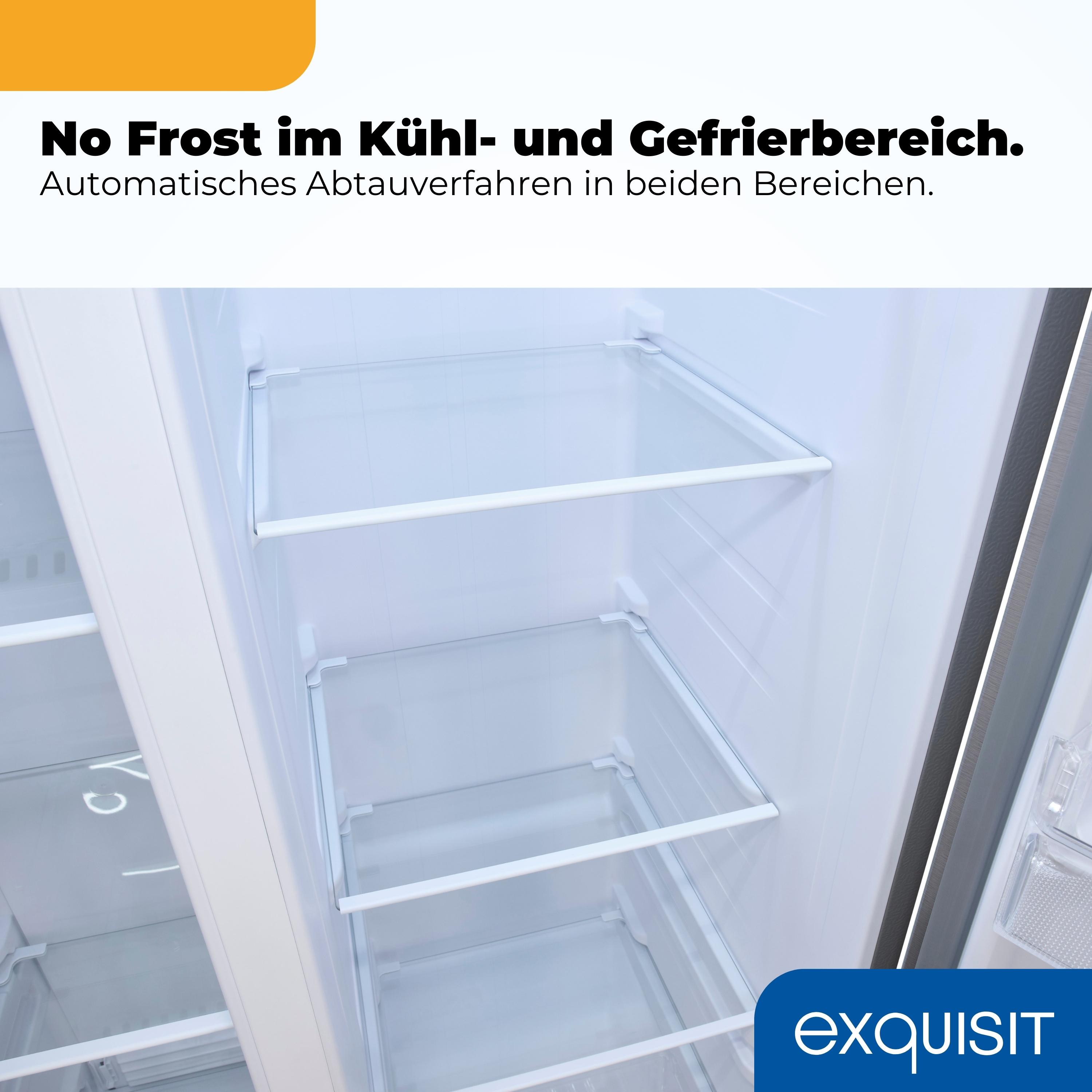Innenansicht eines leeren Kühlschranks mit Glasböden und dem Exquisit-Logo.