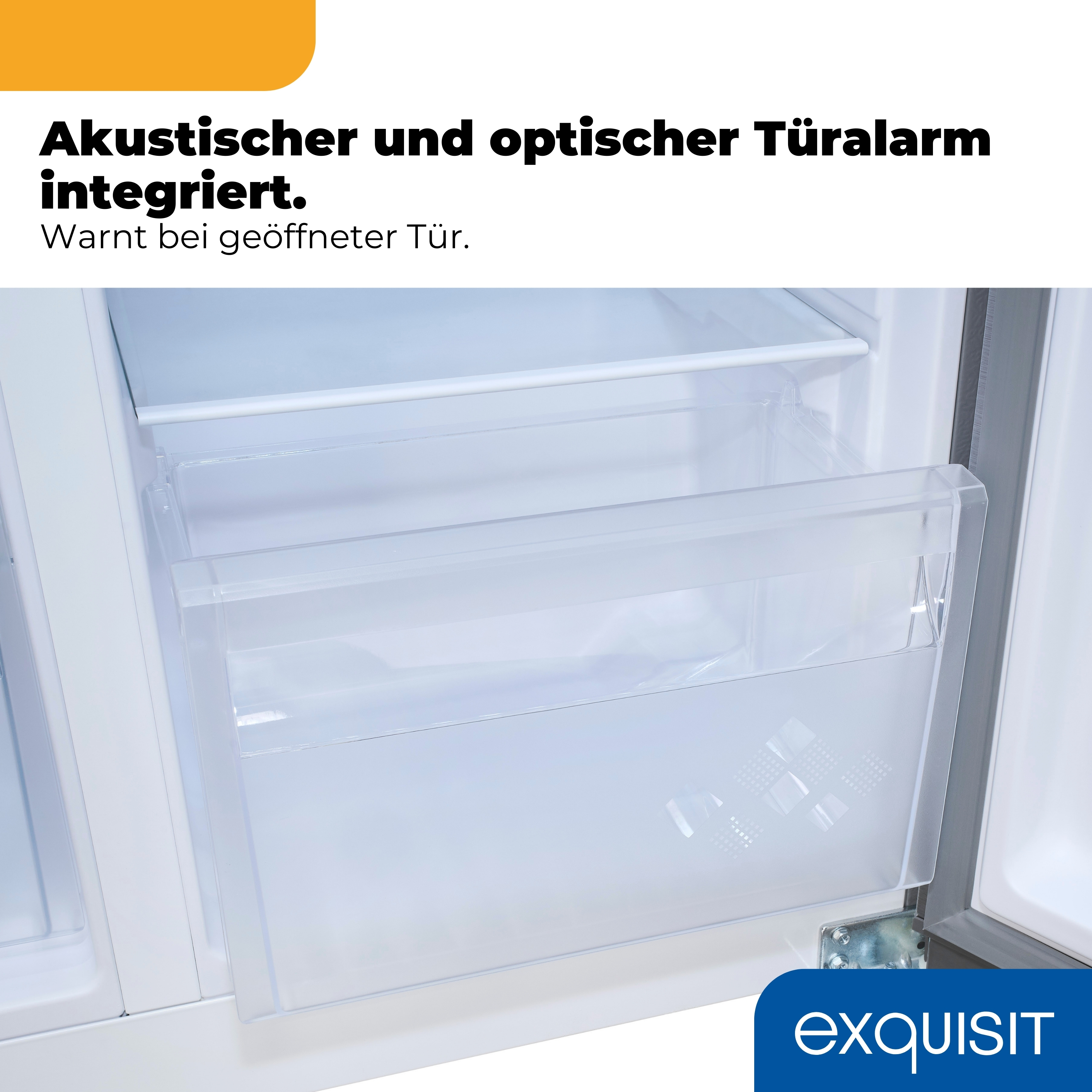 Innenraum eines Kühlschranks mit Schublade und Regal. Oben Schriftzug.