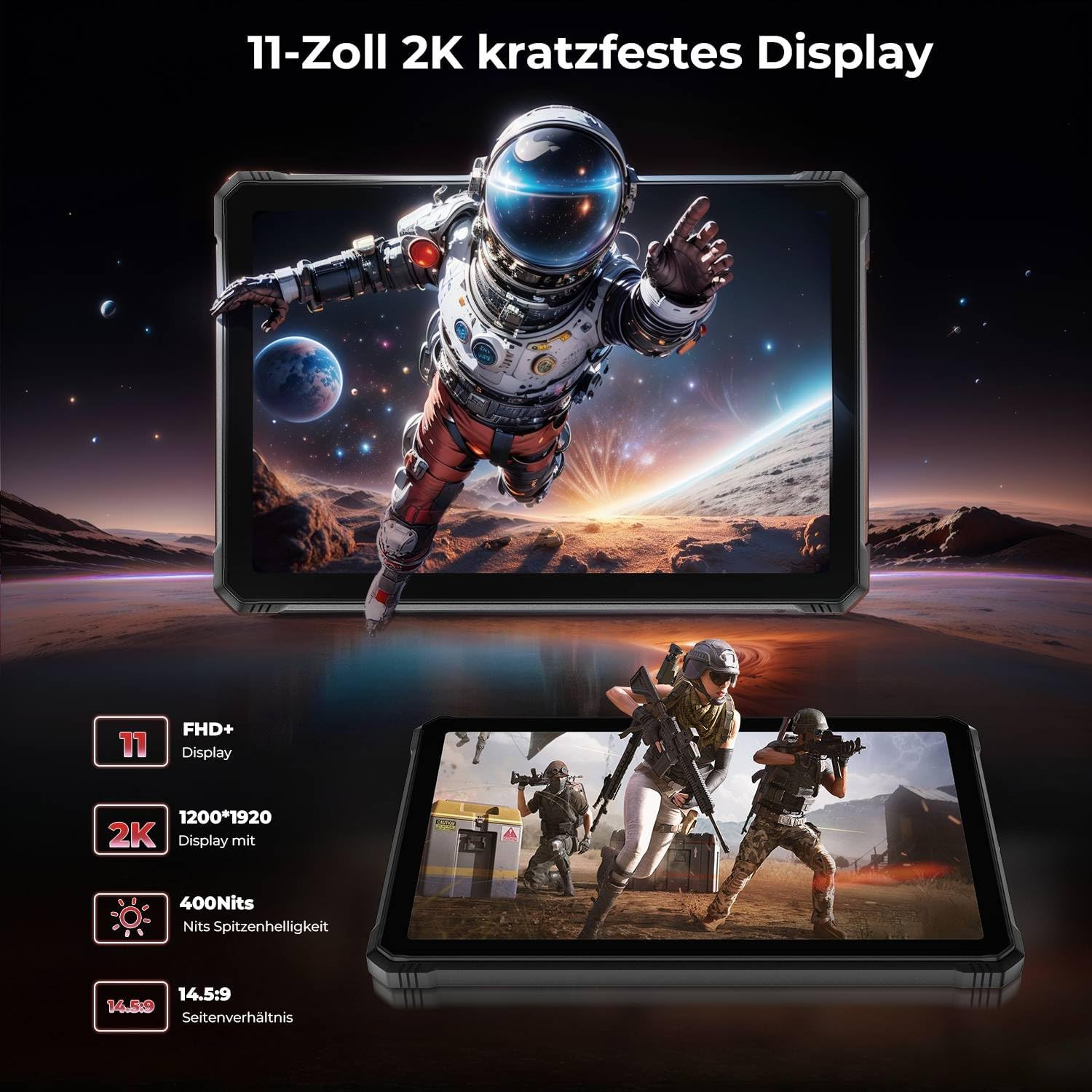 Tablet zeigt Astronaut im Weltraum und Soldaten in Aktion. Spezifikationen aufgelistet.