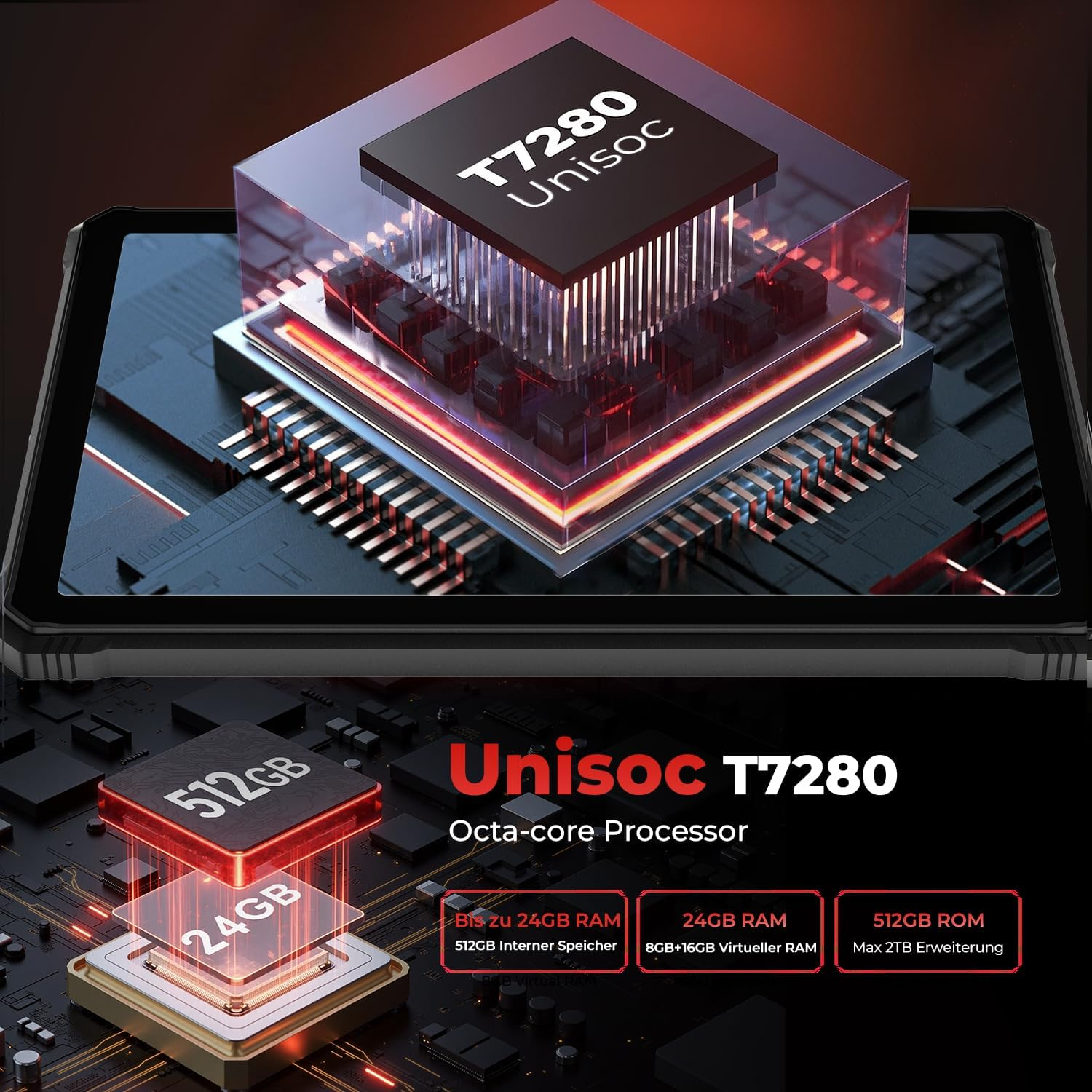 Unisoc T7280 Prozessor mit 512GB ROM und 24GB RAM.