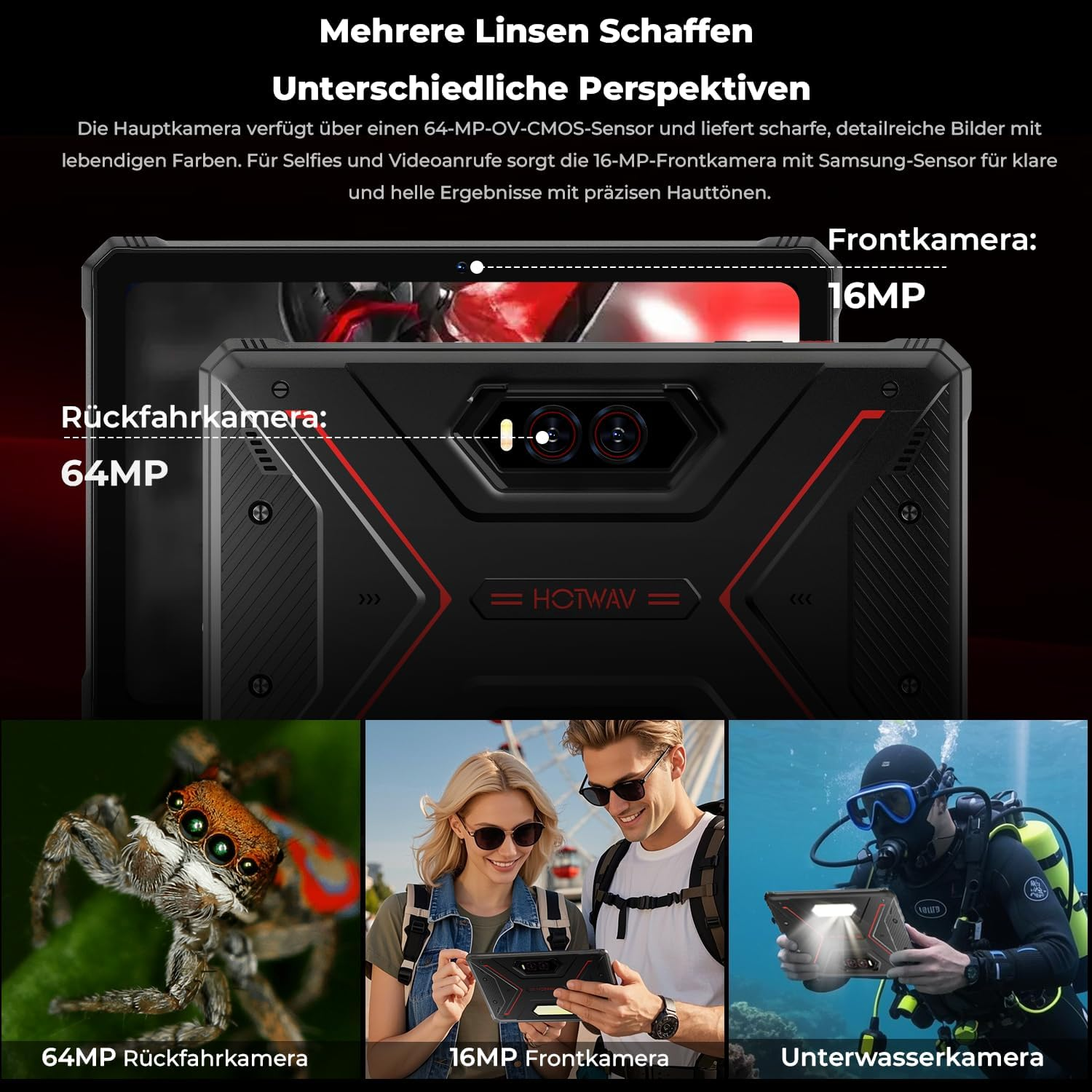 Ein Handy mit drei Kameras: Nahaufnahme einer Spinne, Paar mit Handy, Taucher mit Handy.
