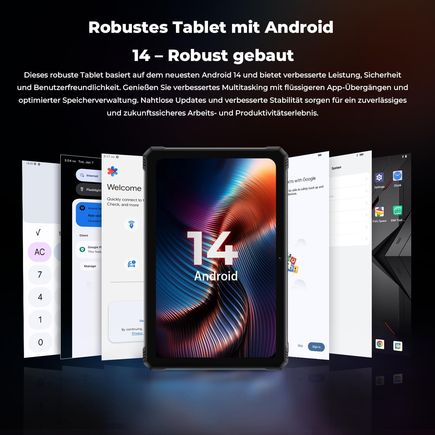 Ein robustes Tablet mit Android 14 wird gezeigt, umgeben von mehreren App-Ansichten.