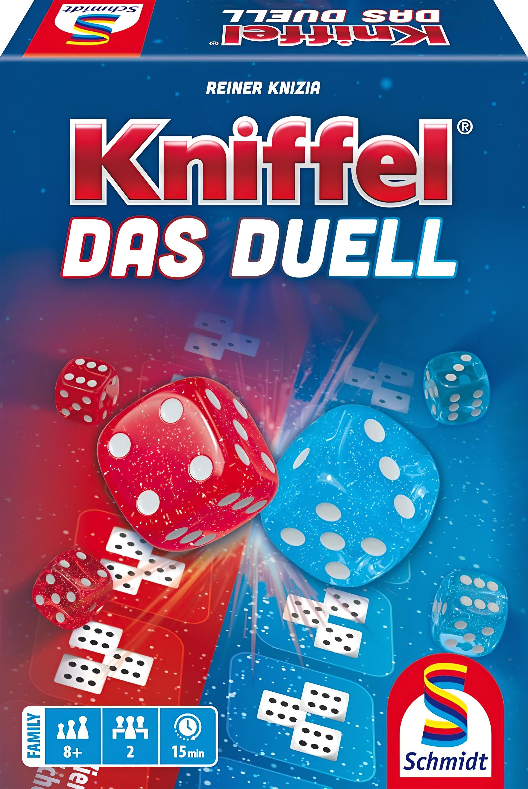 Spielbrett mit roten und blauen Würfeln, Spielsteinen und Schriftzug.