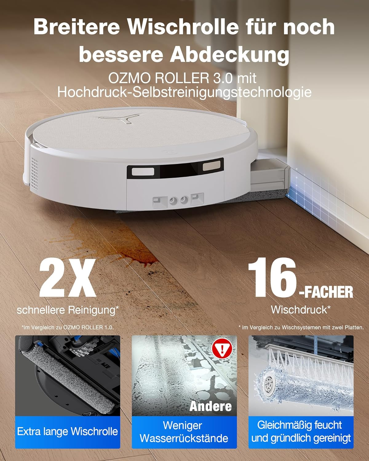 Ein Saugroboter mit breiter Wischrolle reinigt einen Holzboden und zeigt Vorteile wie 2x schnellere Reinigung und 16x mehr Druck.