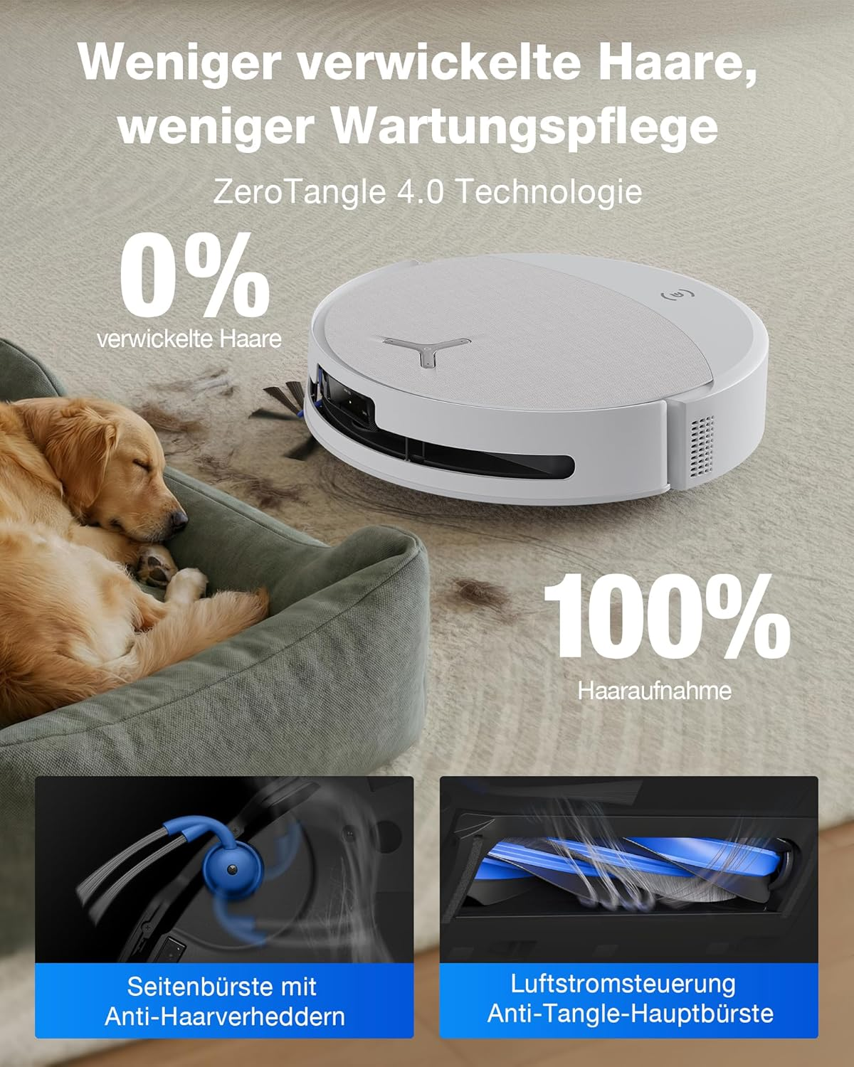 Ein Saugroboter reinigt neben einem schlafenden Hund. Die Anzeige zeigt 0% verwickelte Haare.