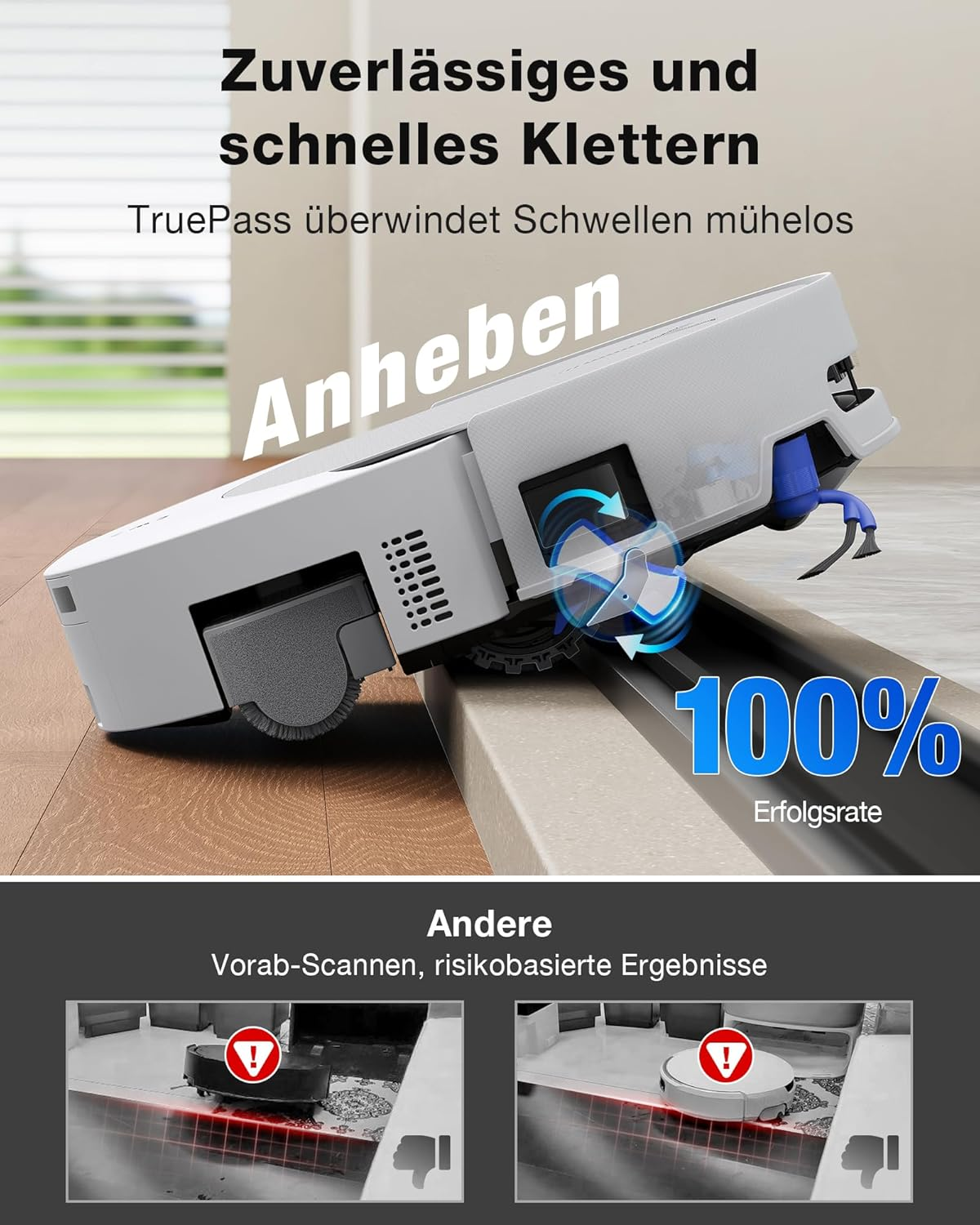 Ein Saugroboter überwindet mühelos eine Schwelle, 100% Erfolgsrate.