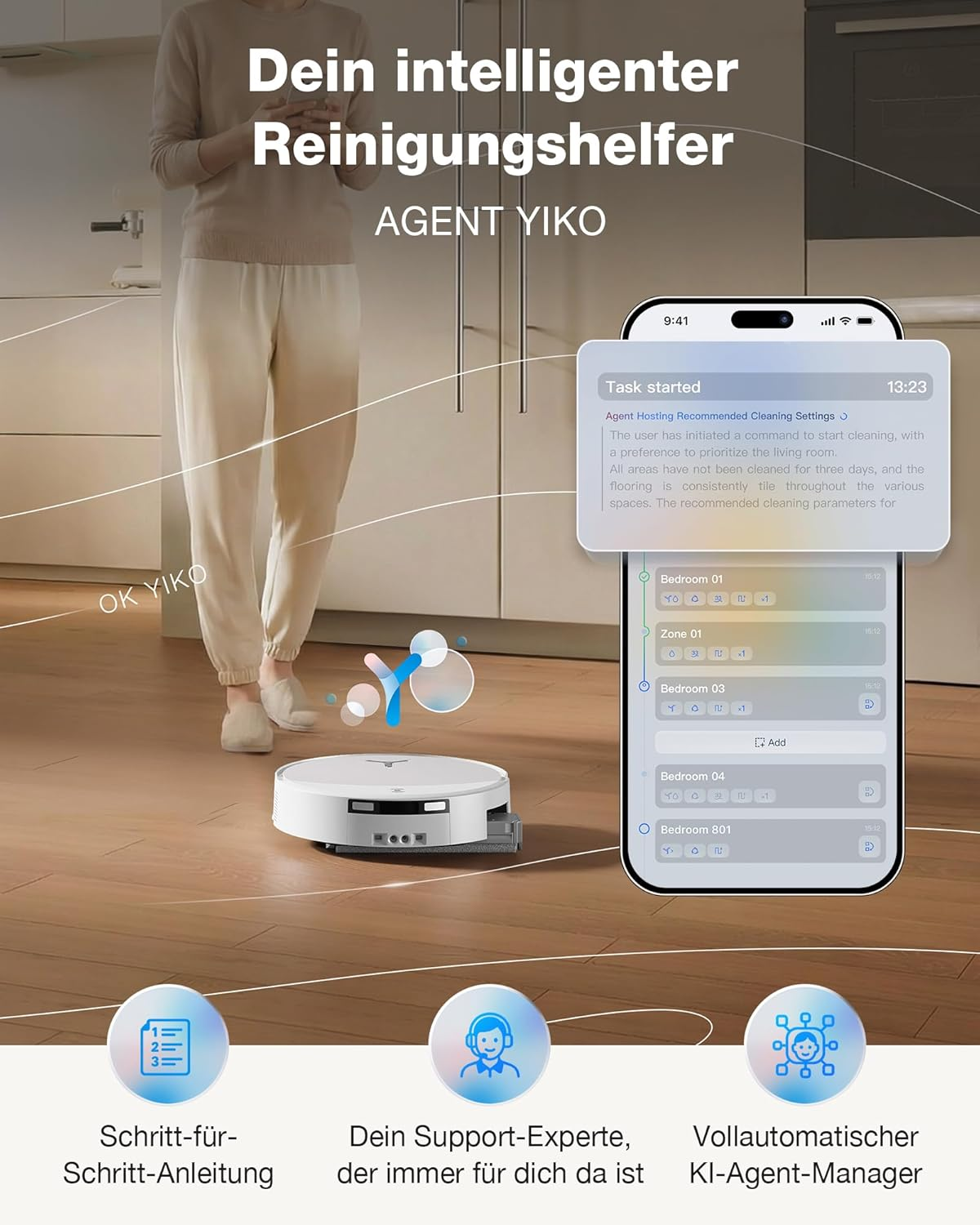 Ein weißer Saugroboter reinigt einen Holzboden, daneben ein Smartphone mit Reinigungs-App.