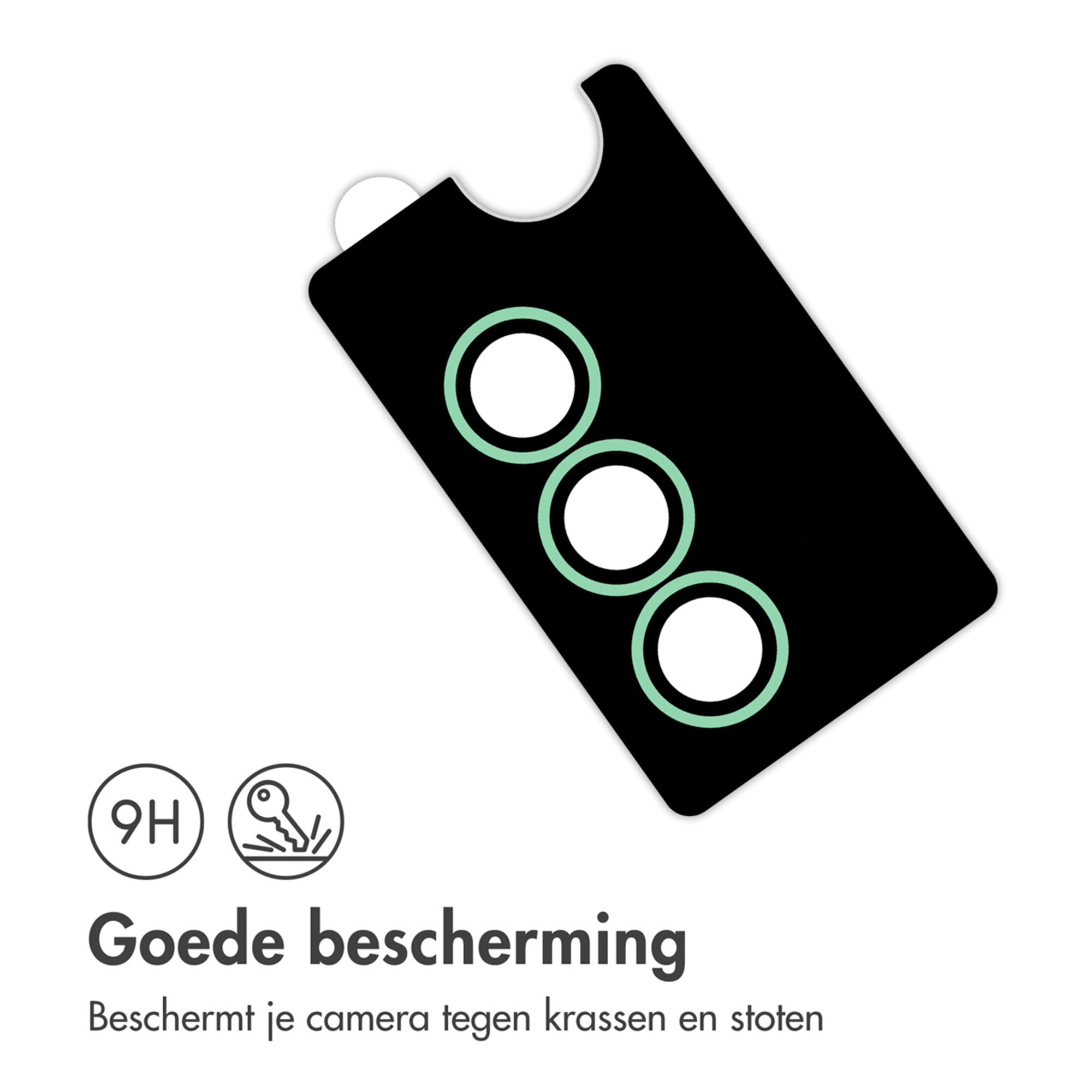 Zwarte lensbeschermer met drie cirkels en iconen voor hardheid & krasbescherming.