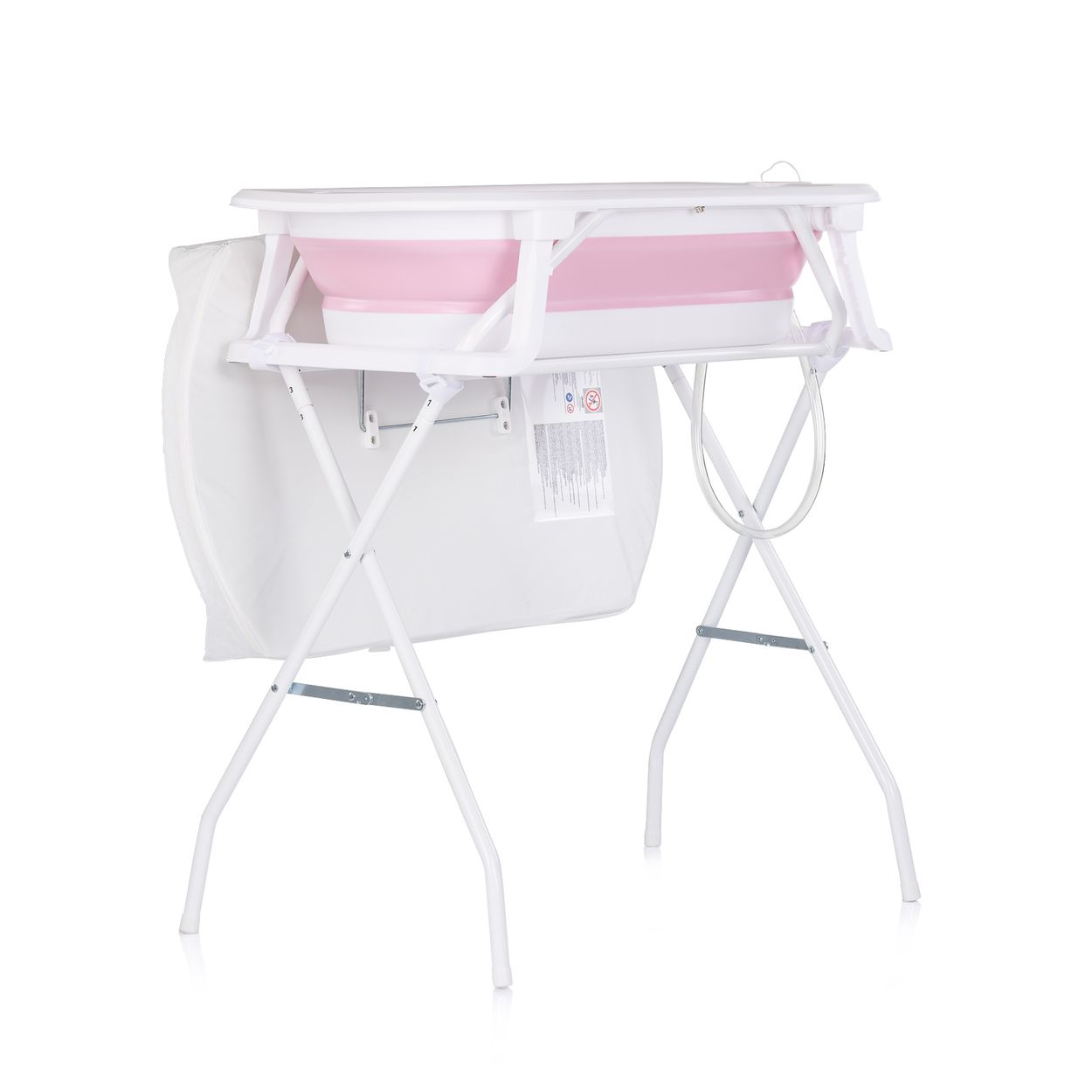 Ein zusammenklappbarer Baby-Badewannenständer mit weißem Metallrahmen und rosa/weißer Wanne.
