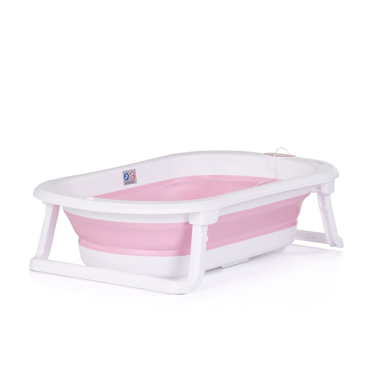 Ein aufklappbarer Baby-Badewannen-Ständer in Weiß mit rosa Einsätzen.