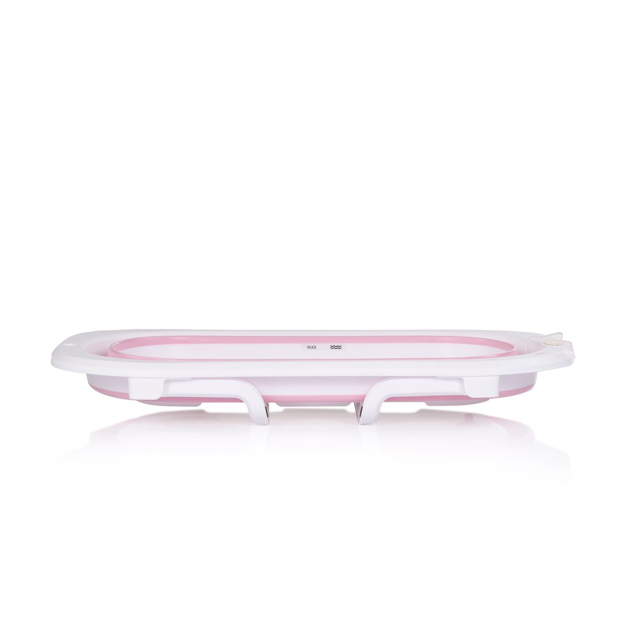 Eine rosa und weiße faltbare Babybadewanne steht auf vier Beinen.