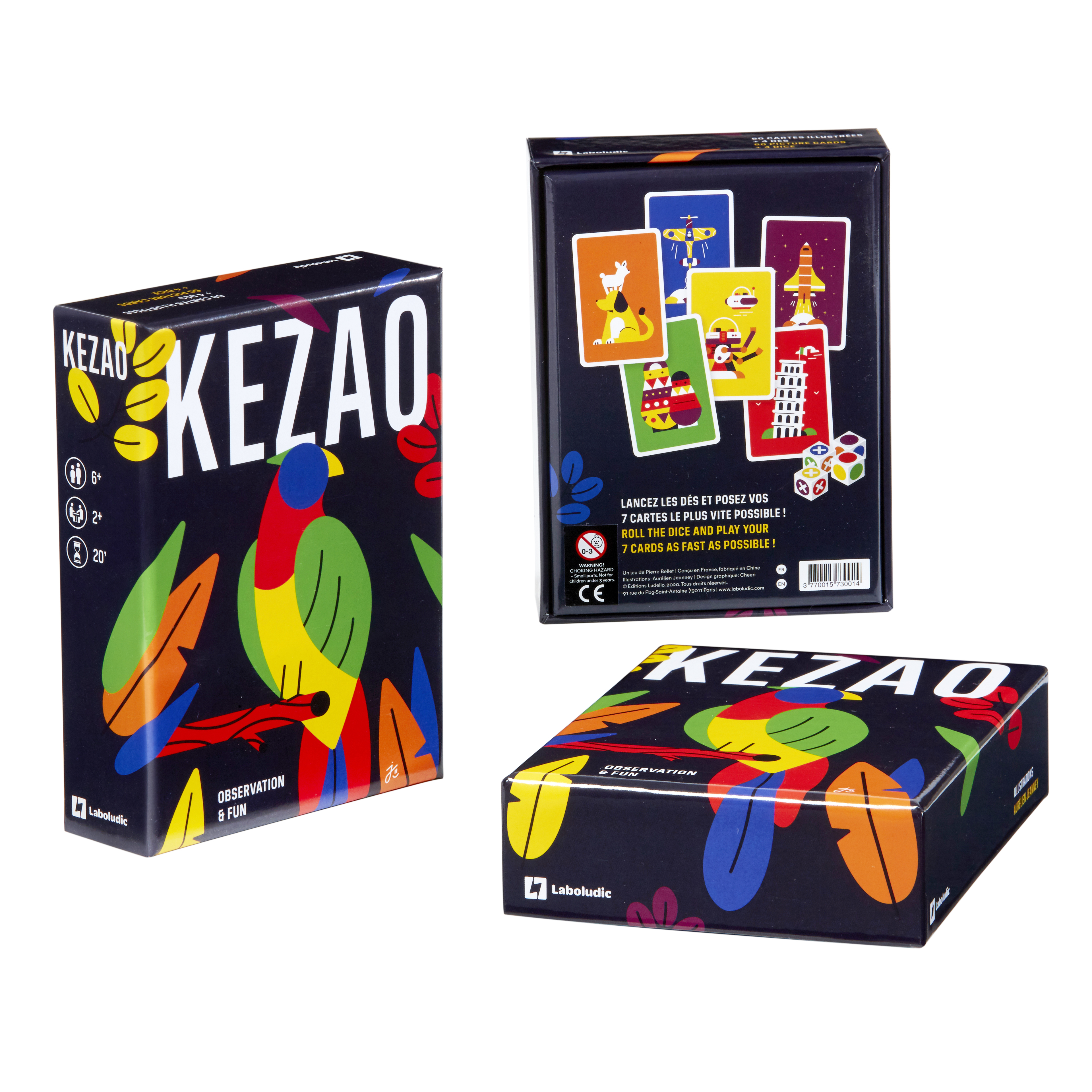 Bunt gestaltete Spielschachteln mit dem Namen KEZAO und grafischen Elementen.