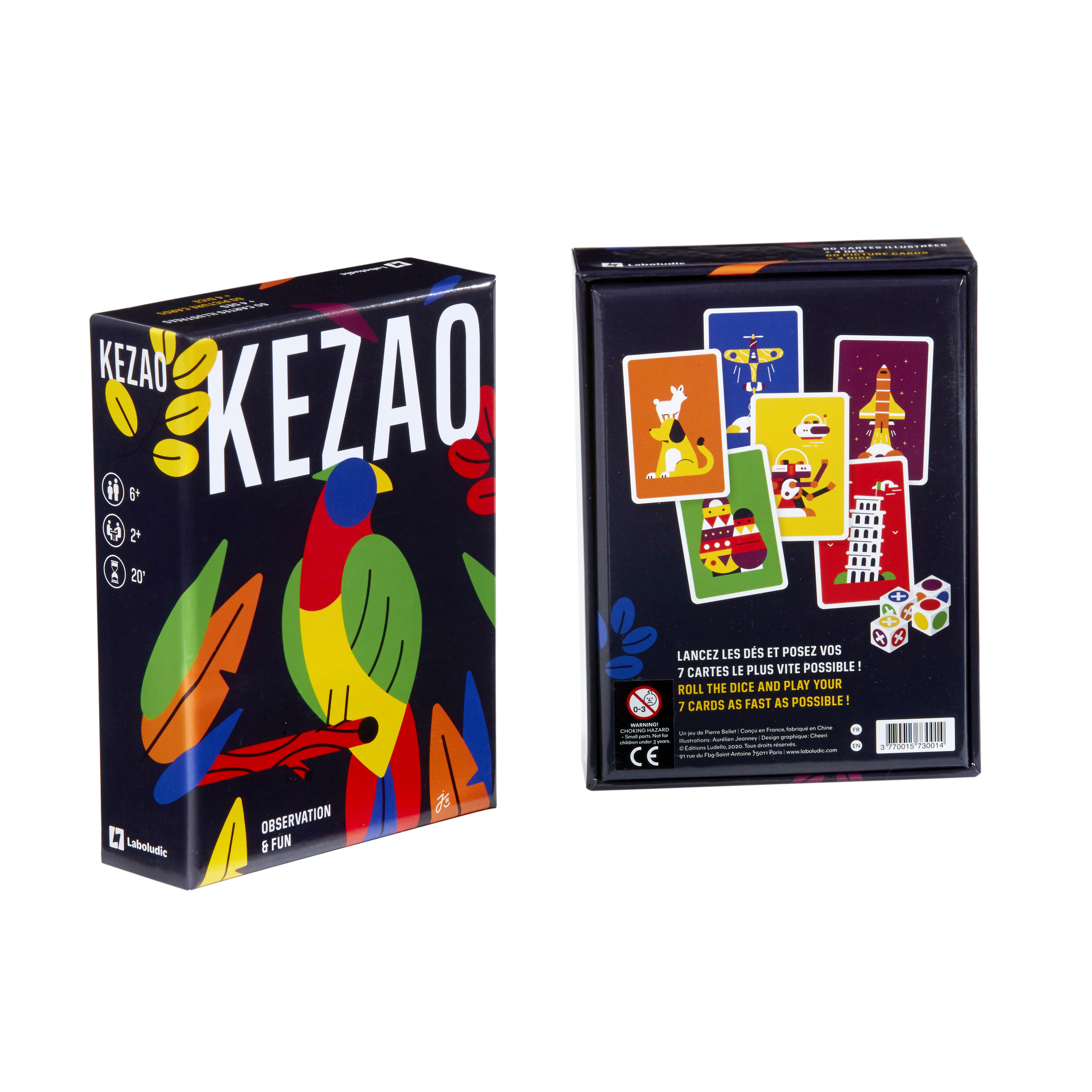 Ein Spielkarton mit einem bunten Papagei und Spielkarten mit Fahrzeugen und Gebäuden.