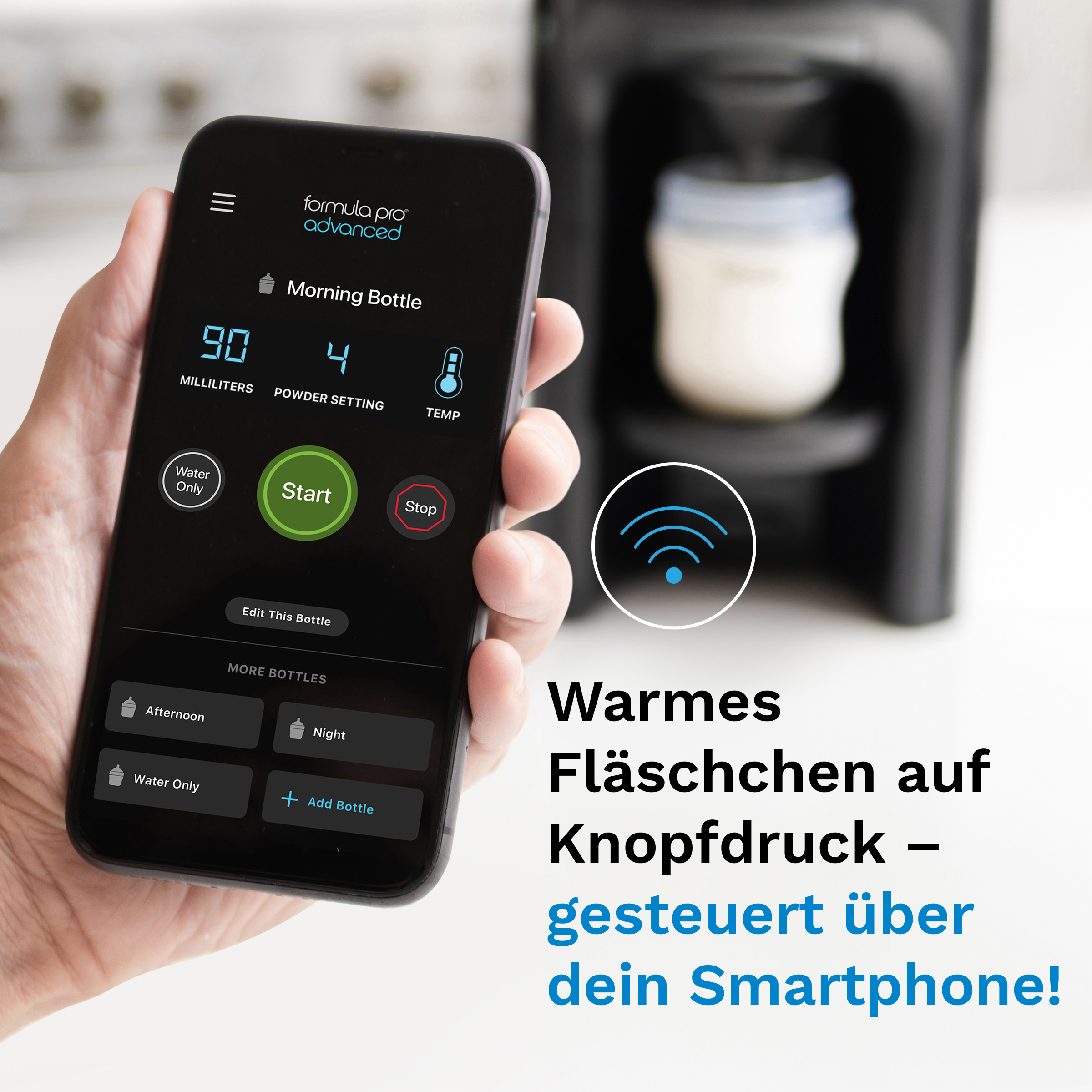 Ein Smartphone steuert einen Flaschenzubereiter mit App-Anzeige.