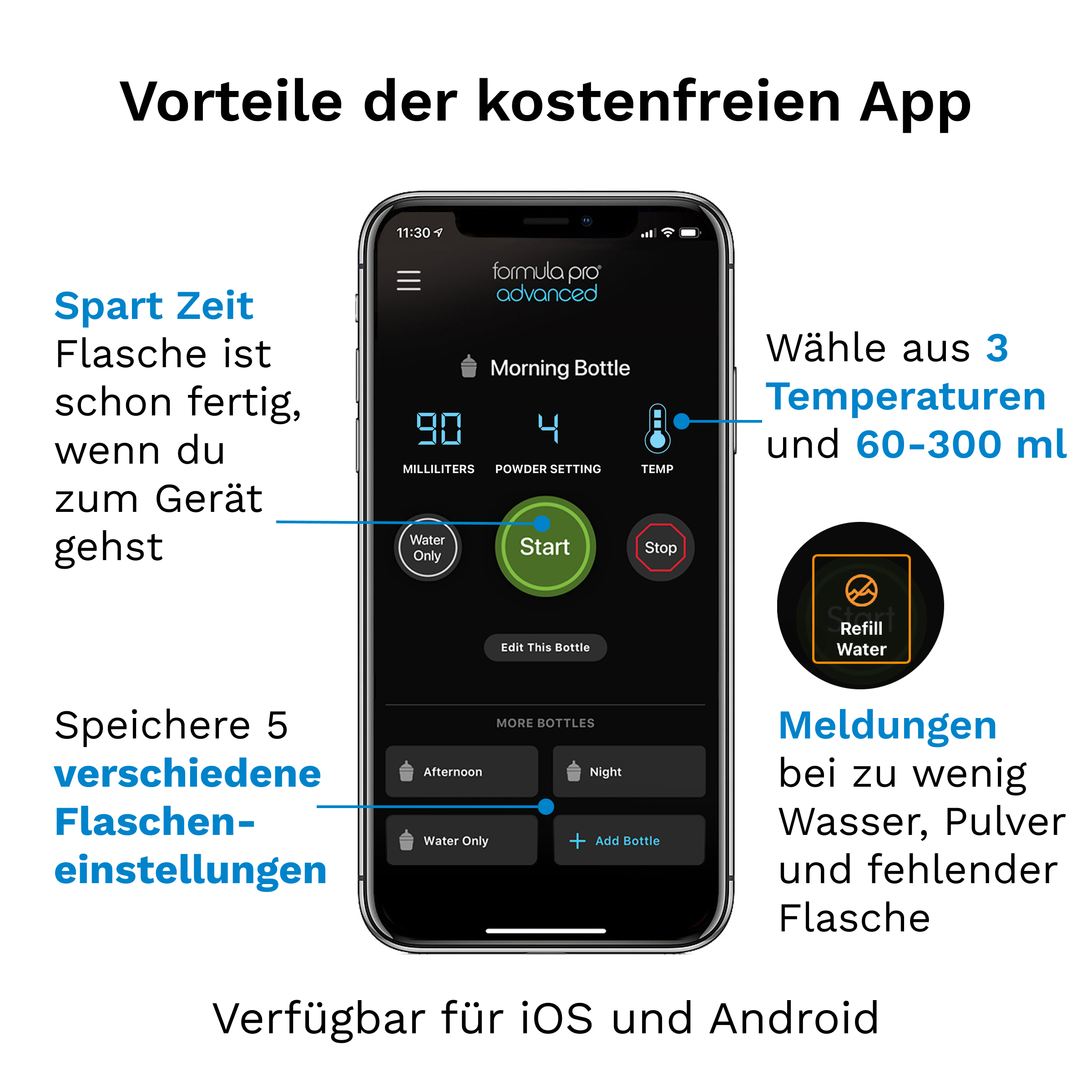 App-Vorteile: Flaschenzeit sparen, 3 Temp., 60-300ml, 5 Einstellungen, Meldungen.