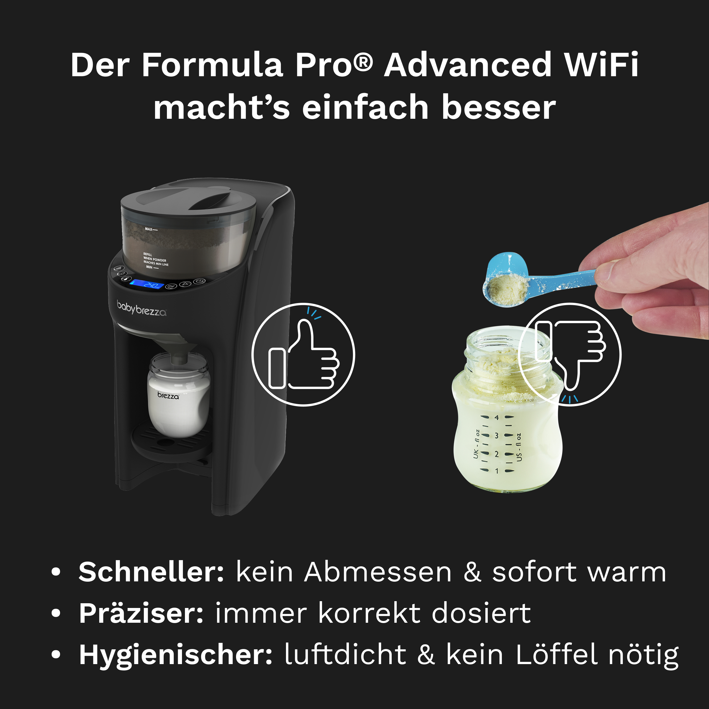 Baby Brezza Formula Pro Advanced WiFi: ein Gerät mit Flasche, Pulverlöffel.