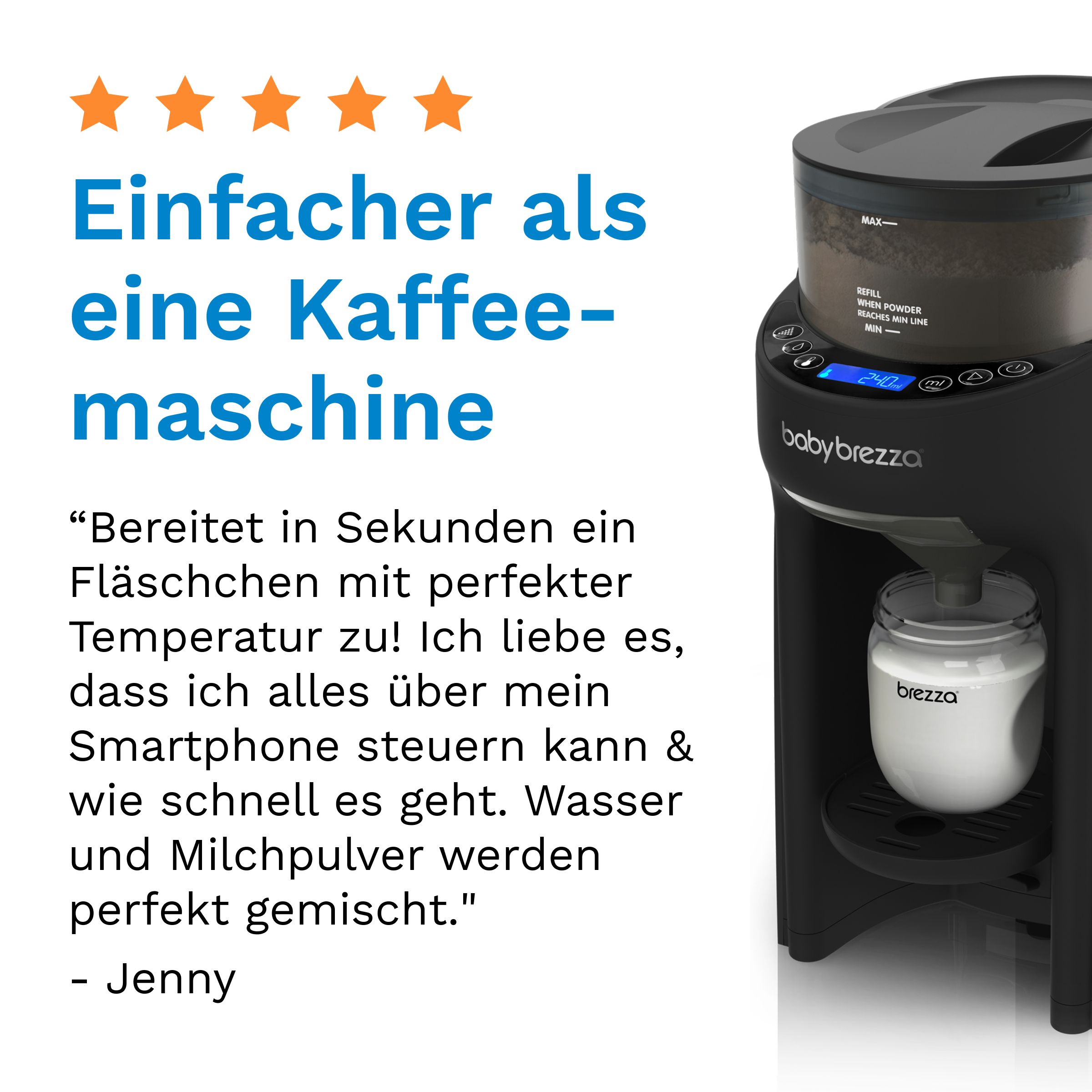 Baby Brezza Flaschenzubereiter mit digitaler Anzeige und Milchflasche.