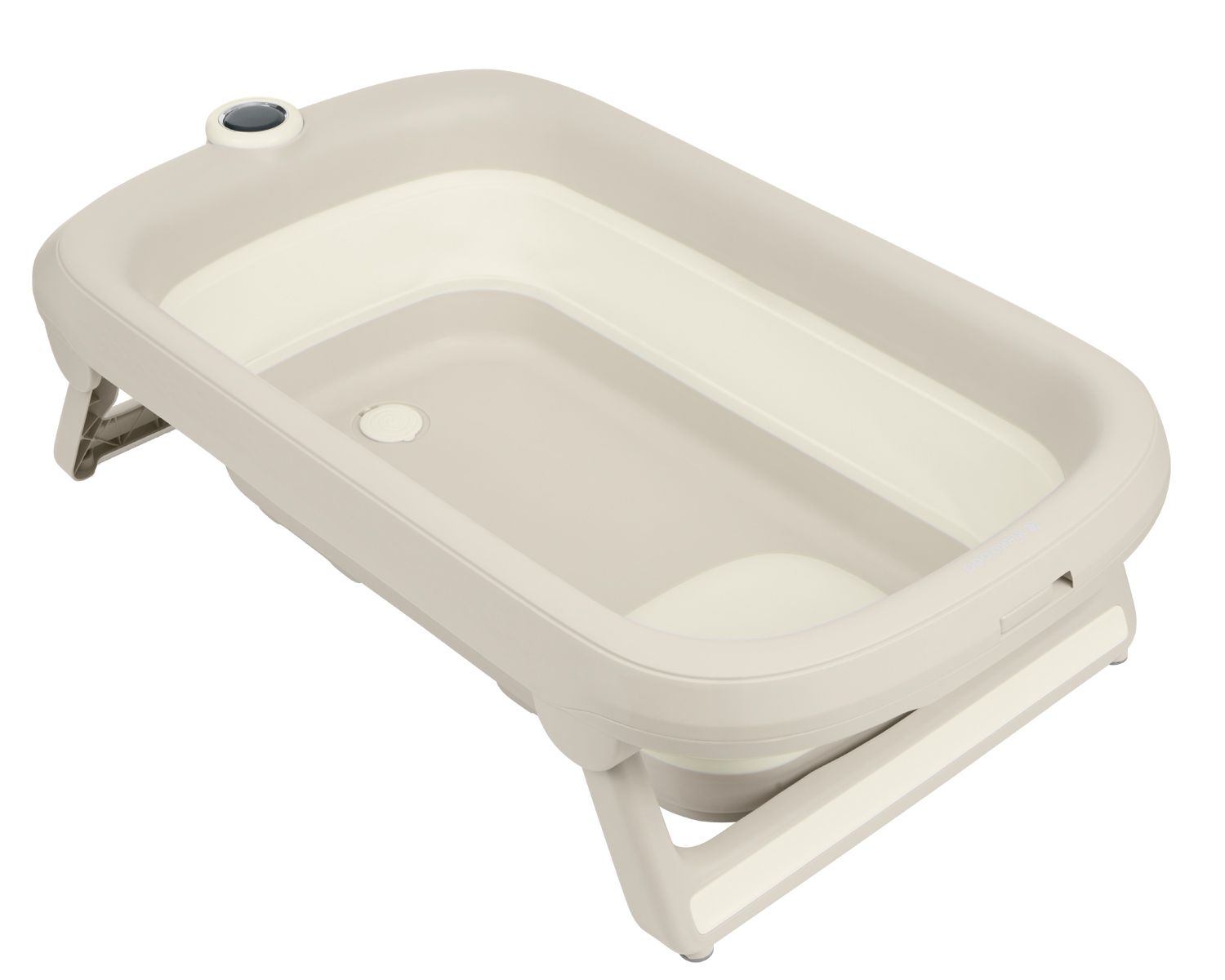 Eine faltbare Babybadewanne in hellem Beige mit integriertem Thermometer.