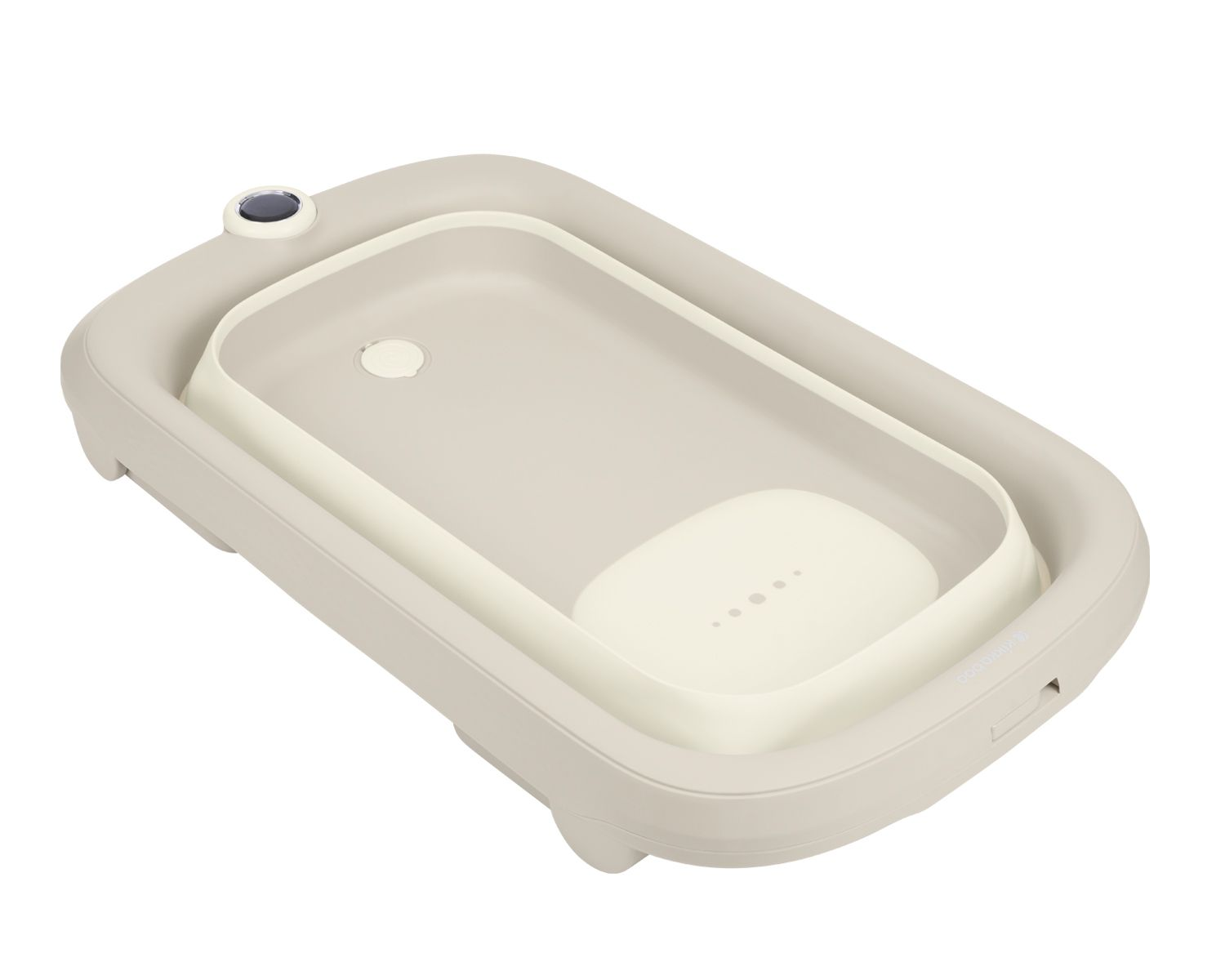 Beige faltbare Babybadewanne mit Ablassknopf und integriertem Seifenhalter.