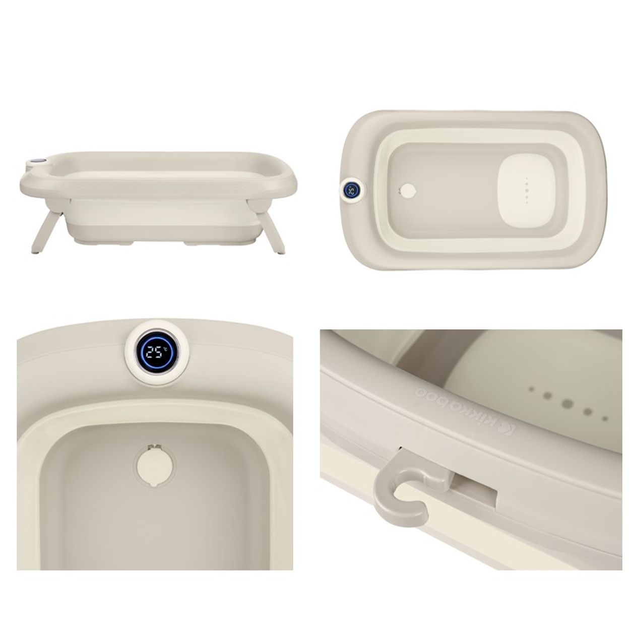 Beige faltbare Babybadewanne mit digitaler Temperaturanzeige.