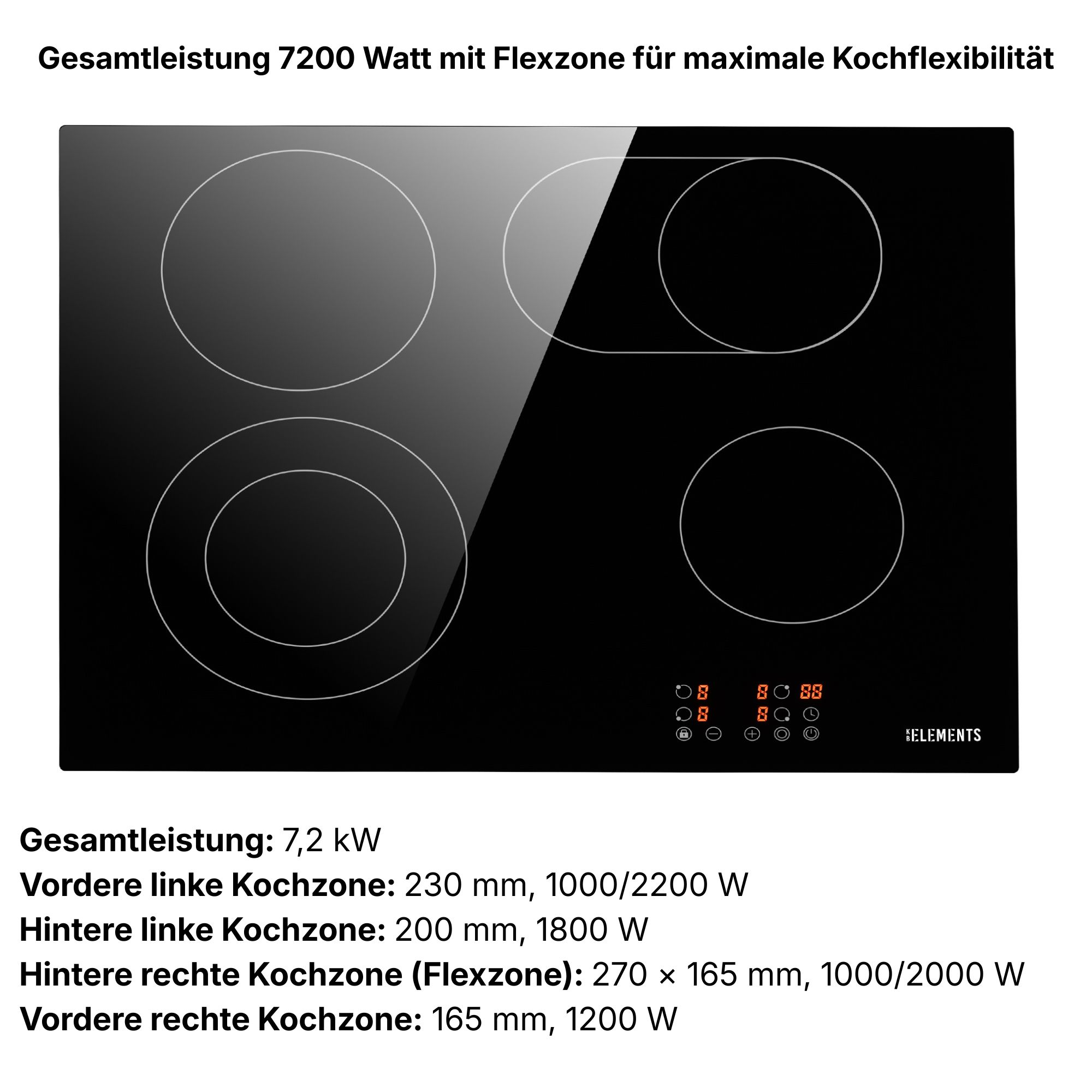 Schwarzes Induktionskochfeld mit vier Kochzonen und digitaler Anzeige.