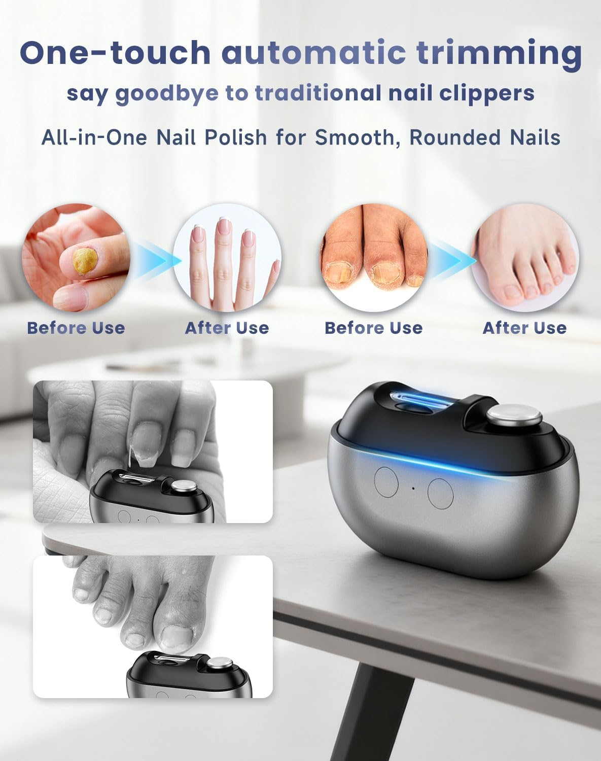 Vorher/Nachher-Vergleich von Nagelpflege mit automatischem Trimmer.