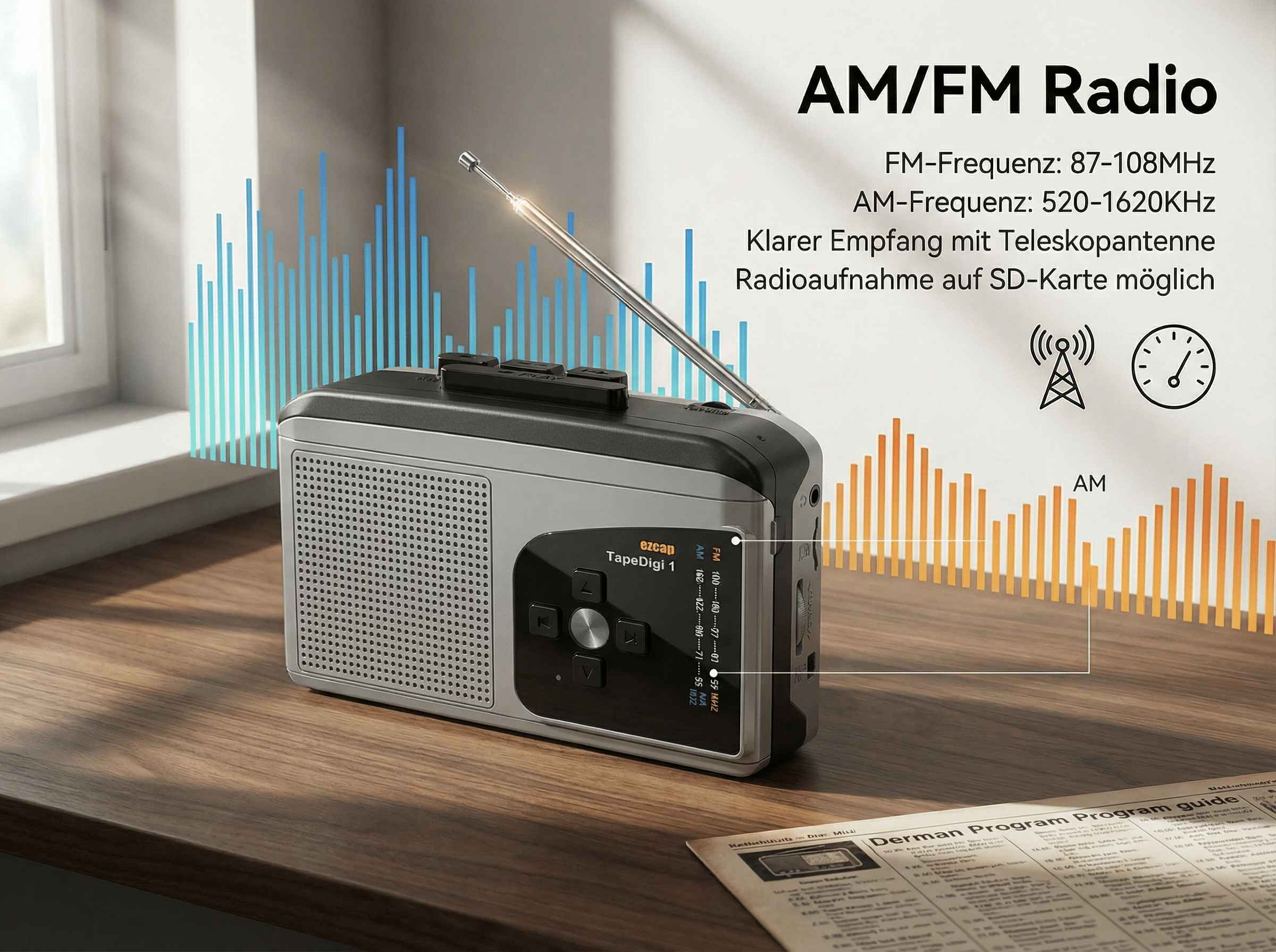 Ein silberner und schwarzer AM/FM-Kassettenradio mit ausgefahrener Antenne steht auf einem Holztisch.