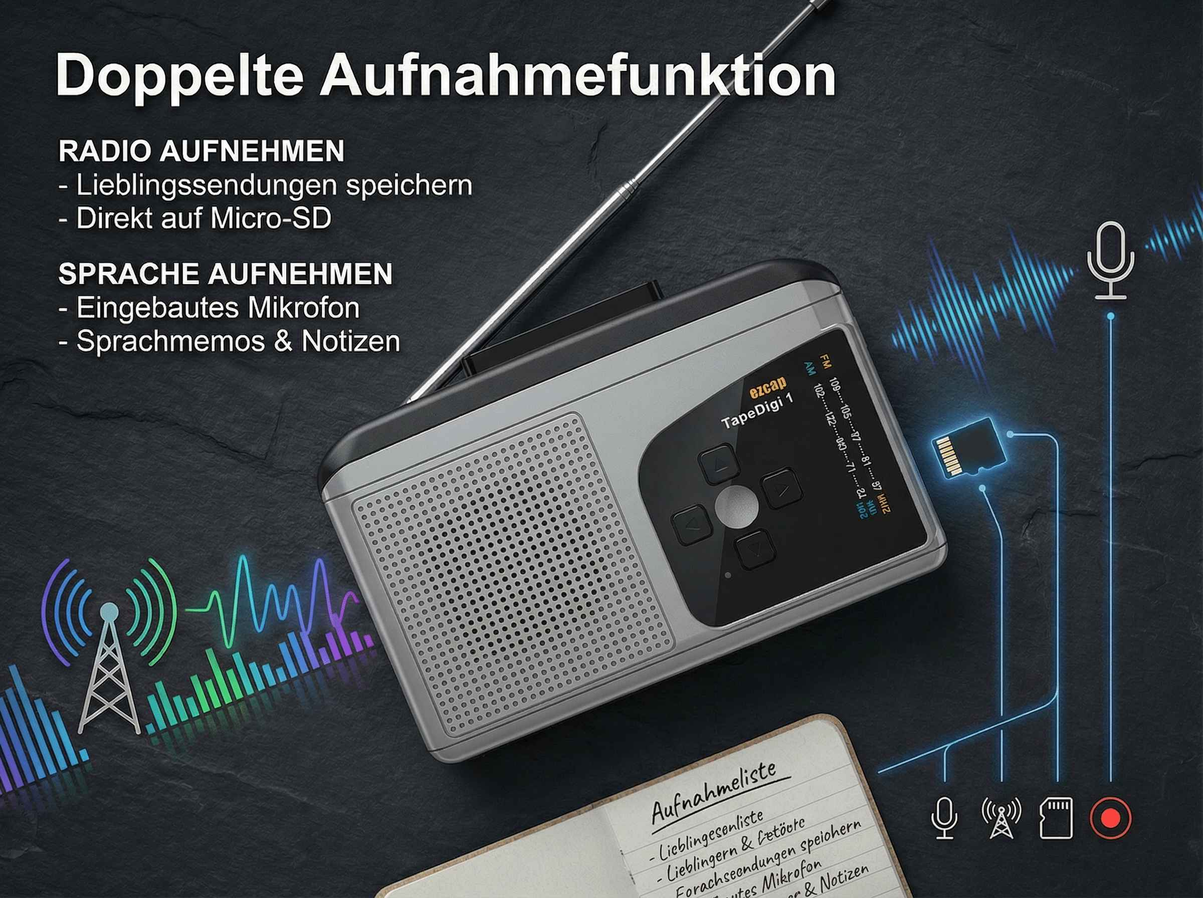 Ein silberner tragbarer Radio-Rekorder mit Antenne, Tasten und Display. Audio-Grafiken sind abgebildet.